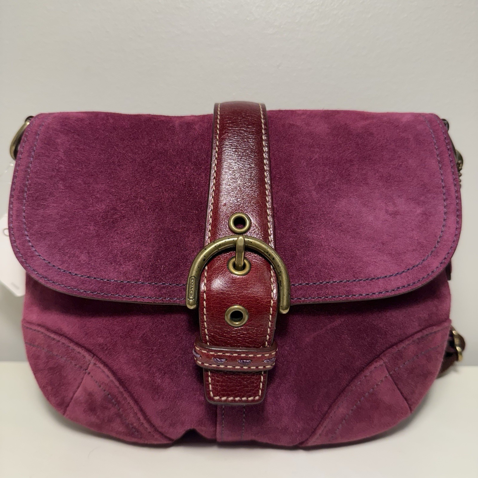 RARE Coach SoHo Shoulder Bag Purple Suede Vintage Buckle Bordeaux Flap Crossbody