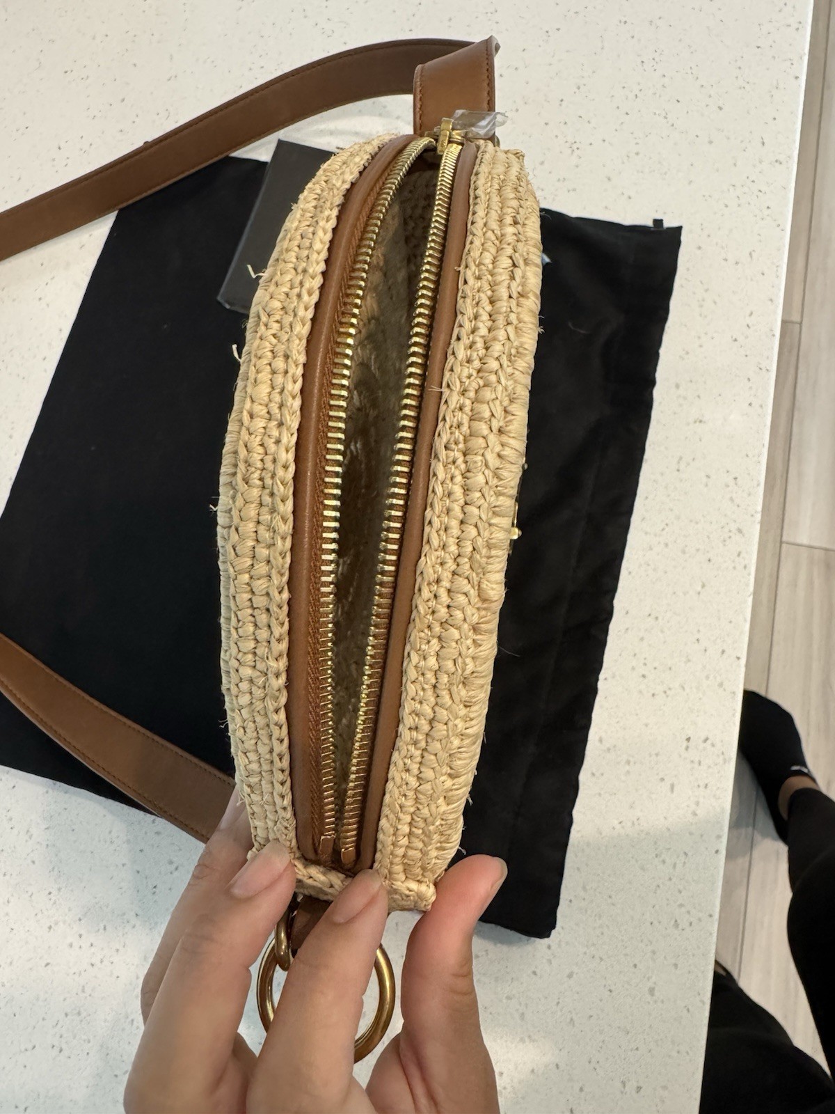 Saint Laurent YSL Round Woven Crossbody Bag Zip Brown Strap Small w/ Card