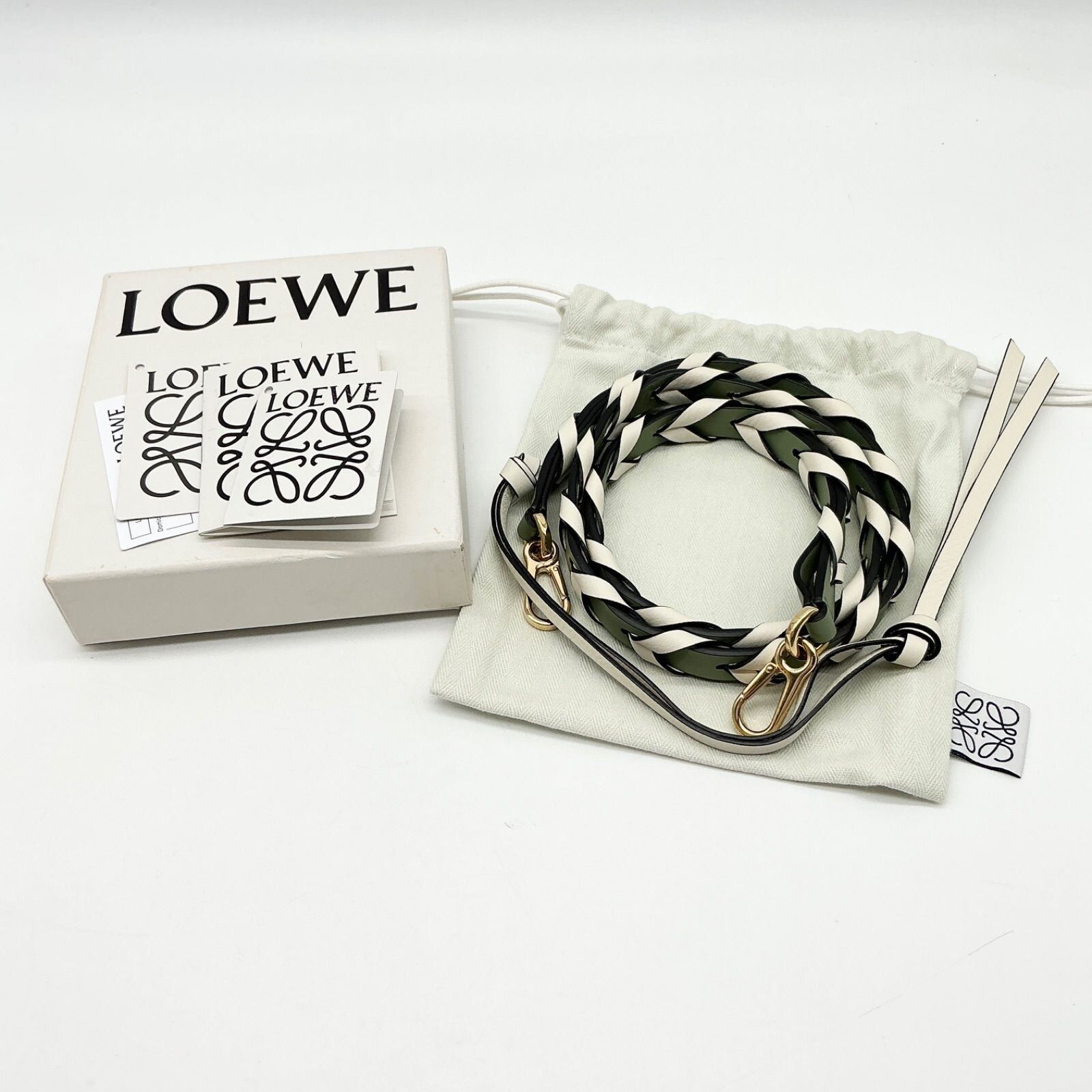 LOEWE Shoulder Strap Calfskin Braided White Green Vintage Authentic From Japan