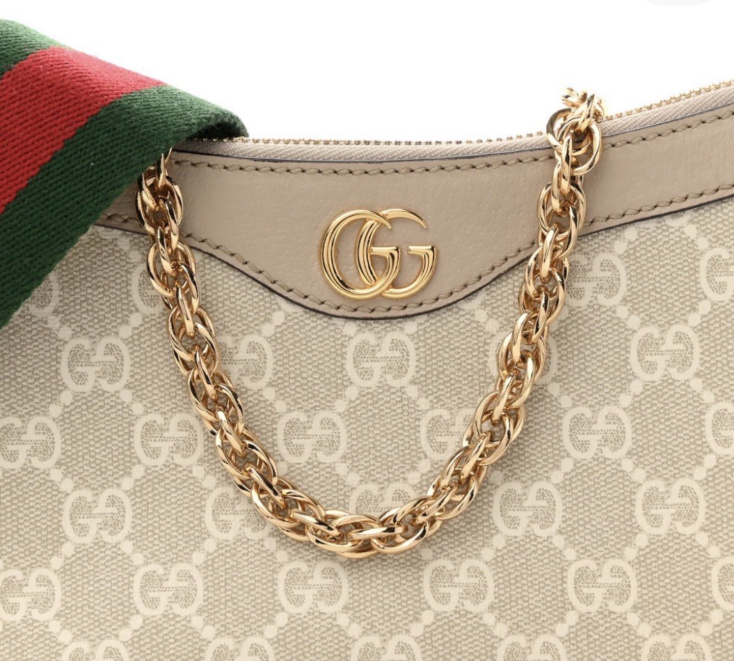 Gucci Ophidia GG Beige Small Crescent Shoulder Bag Zip Web Strap Gold Chain 1of1