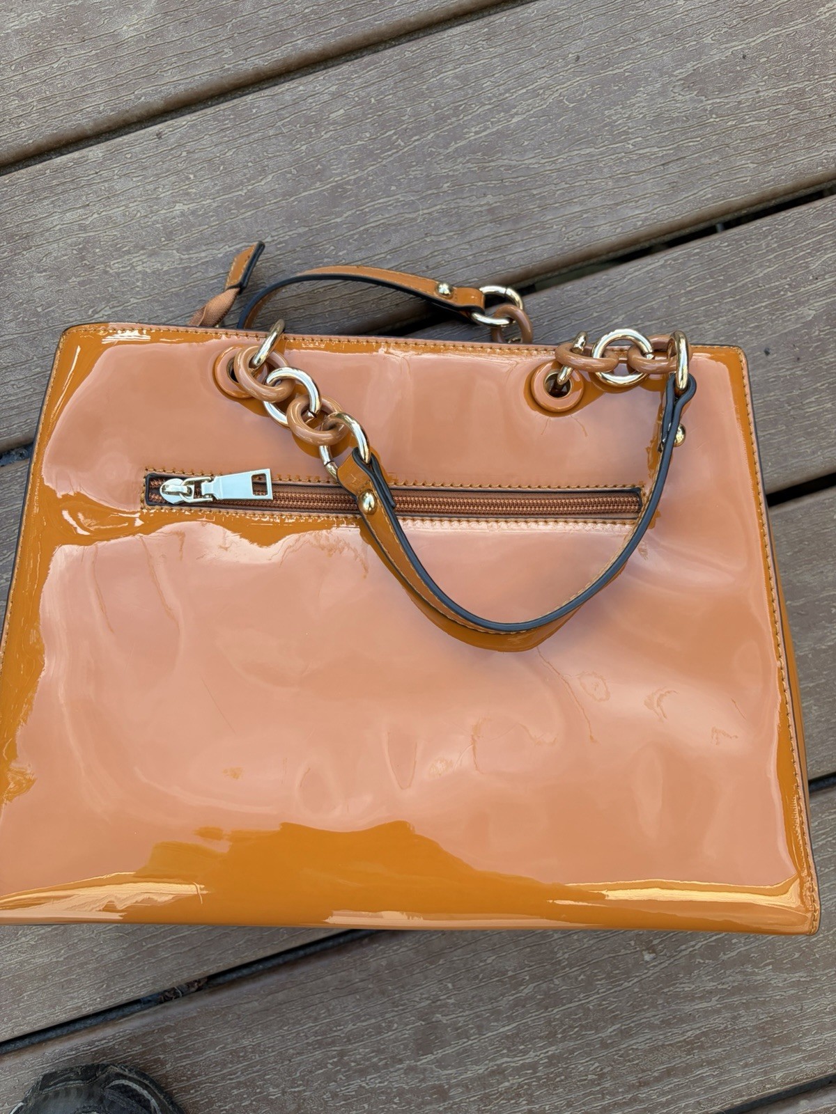 Glossy Caramel Colored Patent Leather Shoulder Bag with Gold Hardware