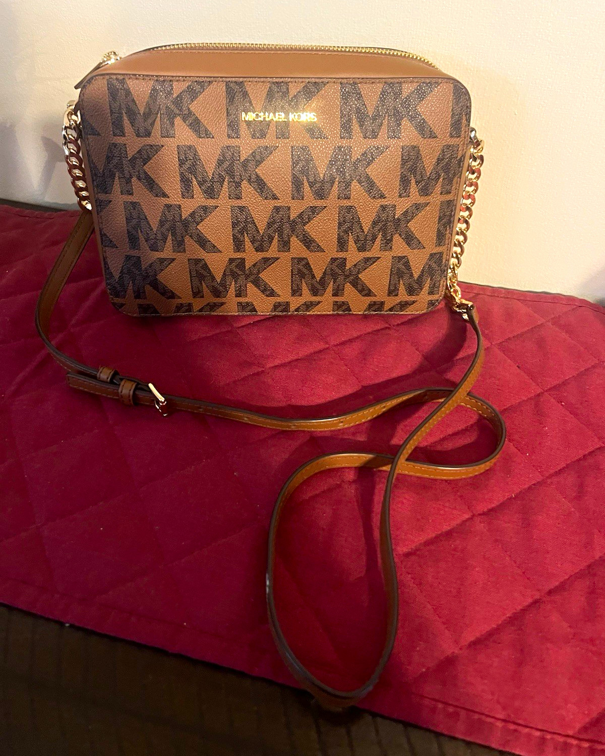Michael Kors Signature MK Logo Zip Small Crossbody Brown/Black Gold