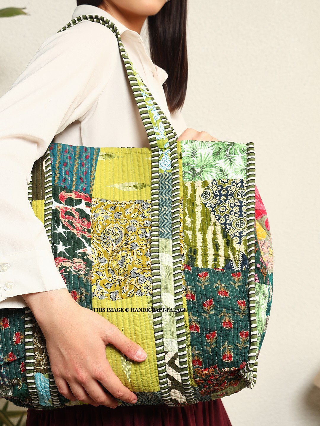 Indian Green Patchwork Quilted Shoulder Bag Women’s Beach Cotton Tote Handbag