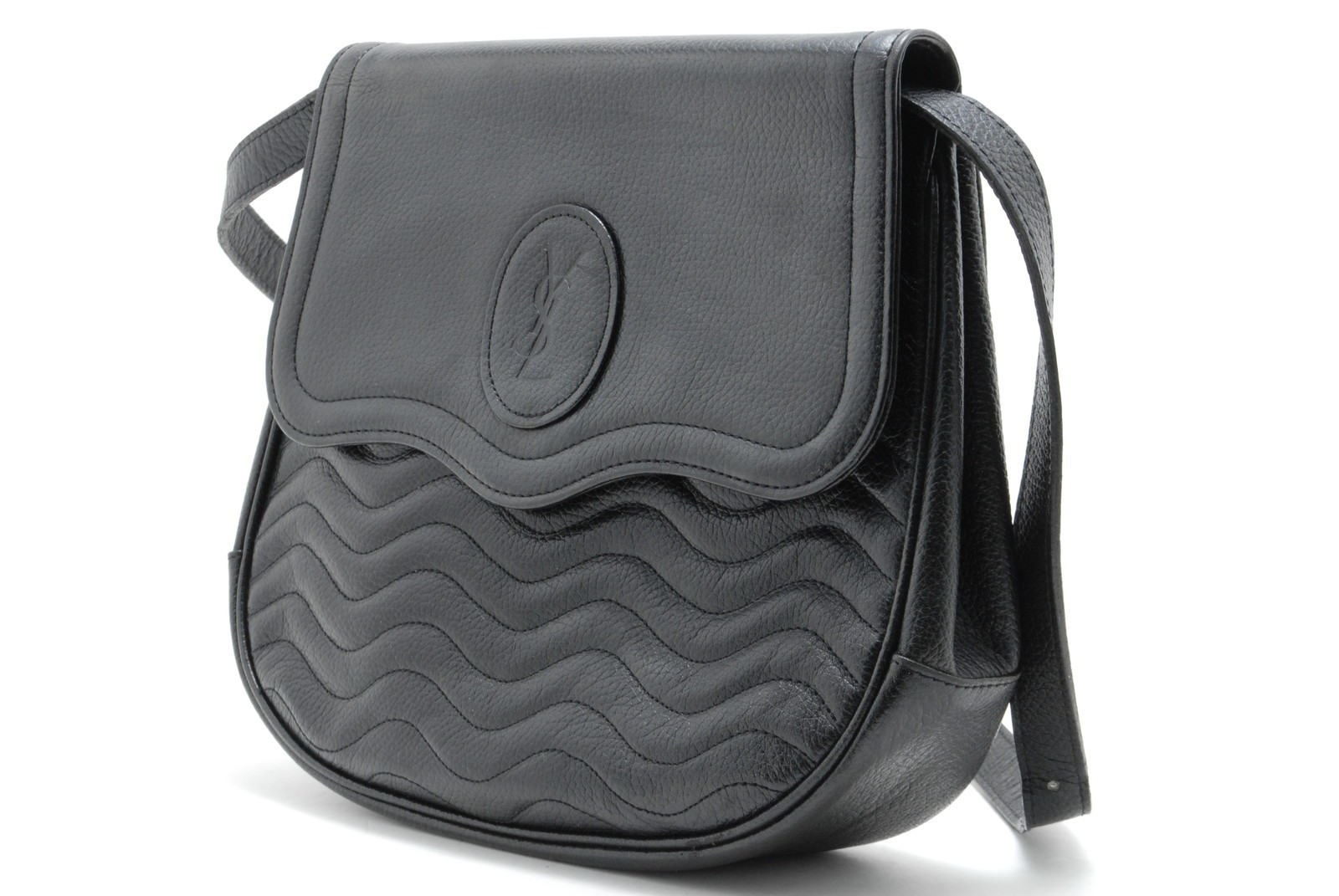 Yves Saint Laurent Vintage Wave Quilted Leather Shoulder Bag Black YSL