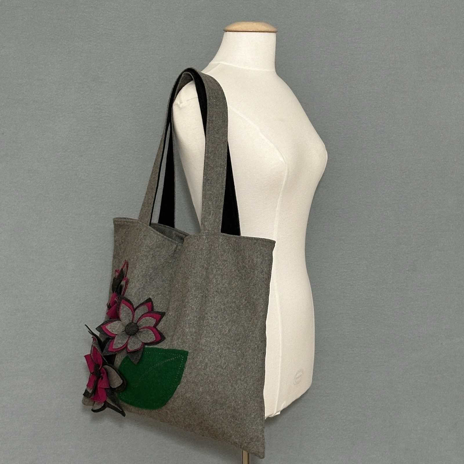 Gray Felt Floral Applique Tote Bag Magenta Flower Large Shoulder Bag Handcrafted