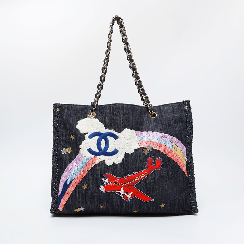 Authentic CHANEL 10 series 2005-2006 Denim Night Flight 2.55 Tote Bag Navy …