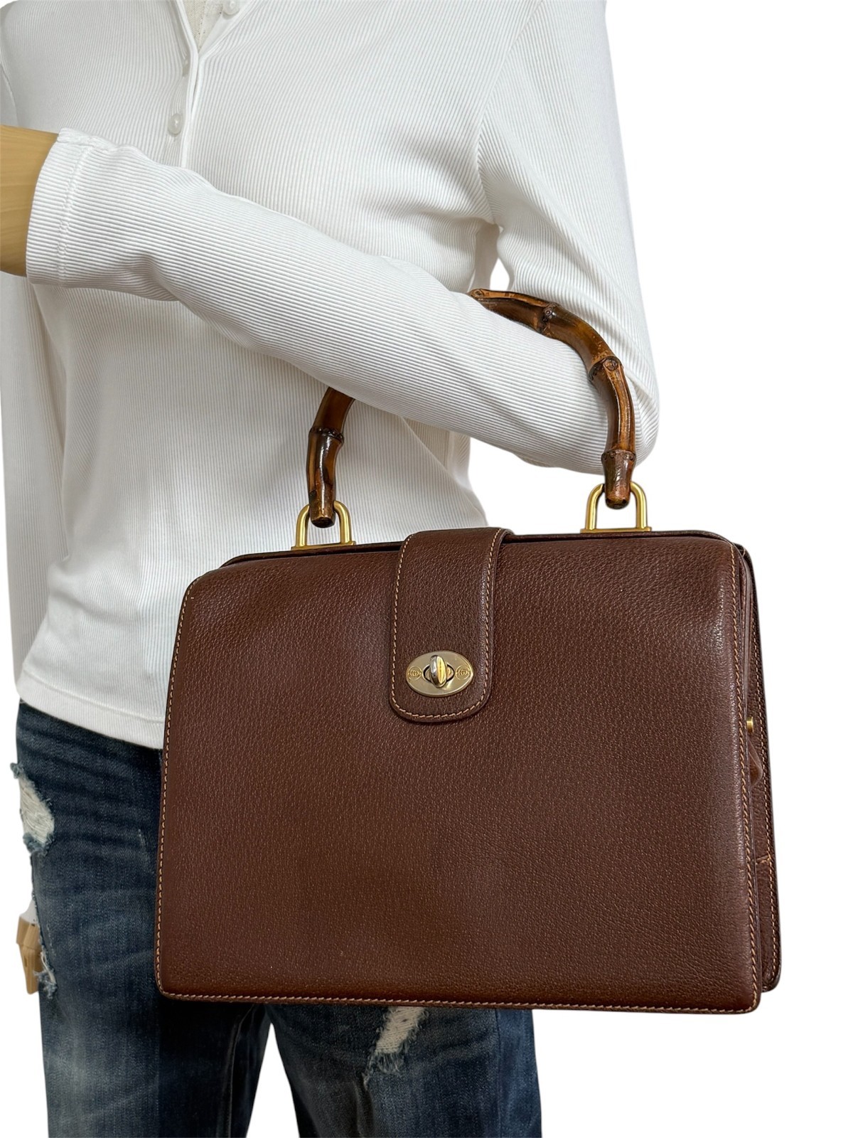 Vintage GUCCI Bamboo Top Handle Handbag Brown Leather Turn Lock Doctor Bag Auth