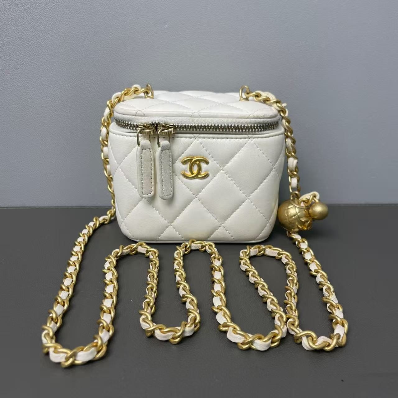 Chanel Mini Vanity Case White Lambskin Gold Pearl Ball Charm Extra Chains Auth