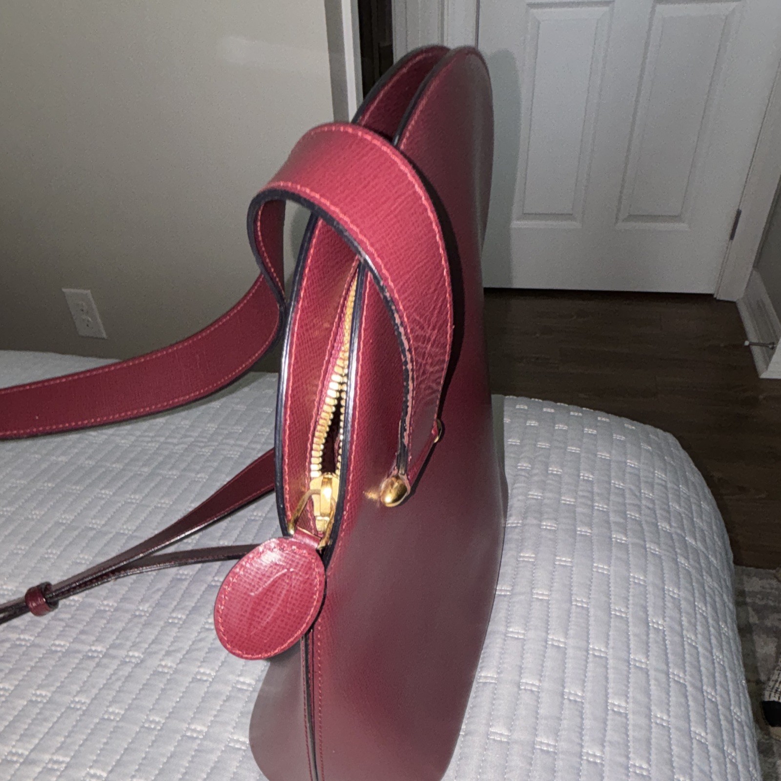 Cartier PARIS Burgundy Logo Crossbody Bag Zip Top Gold Hardware Adjustable Strap