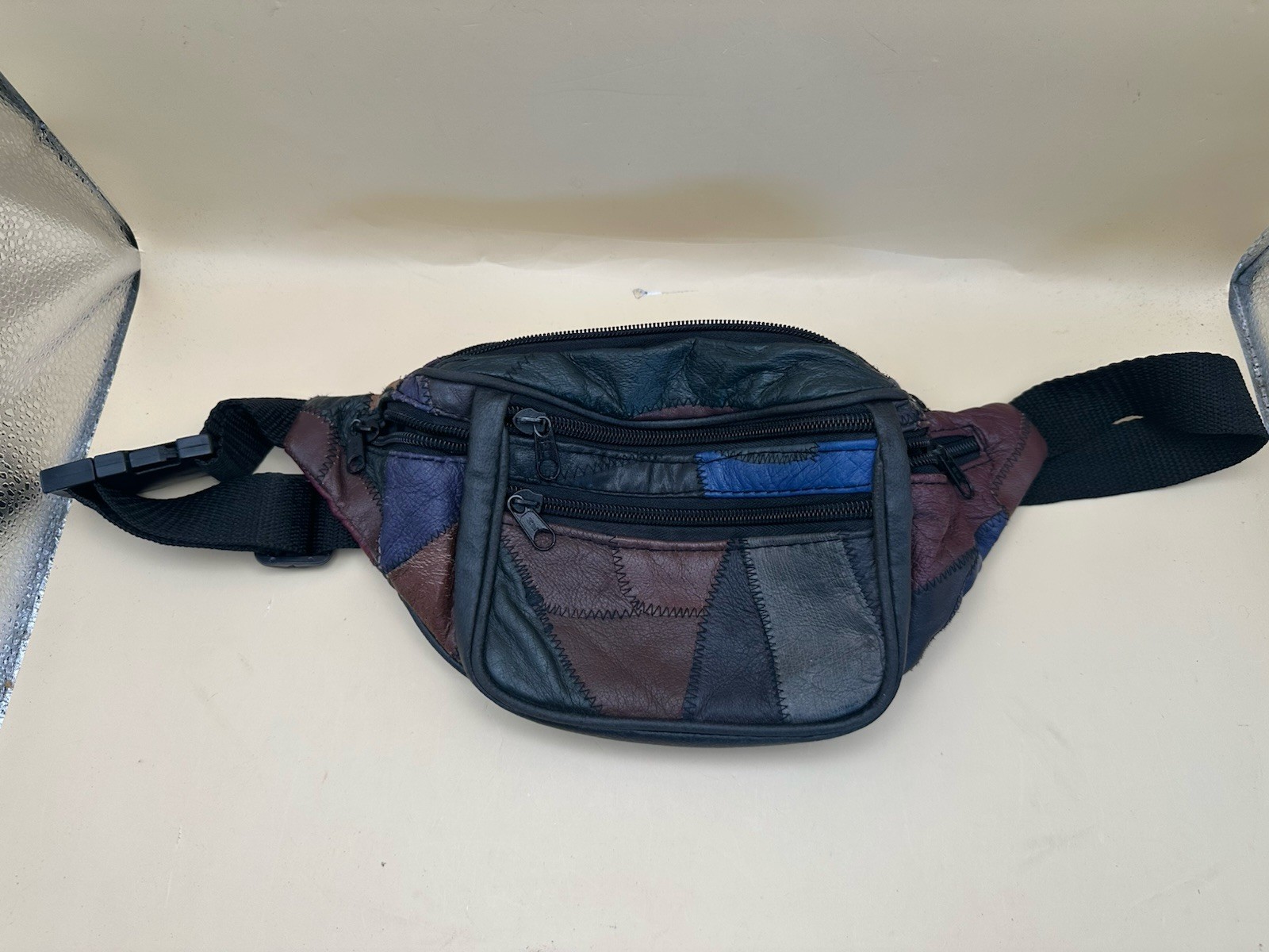 Vintage Fanny Pack Multicolor Patchwork Leather Waist Bag 80s Retro Festival