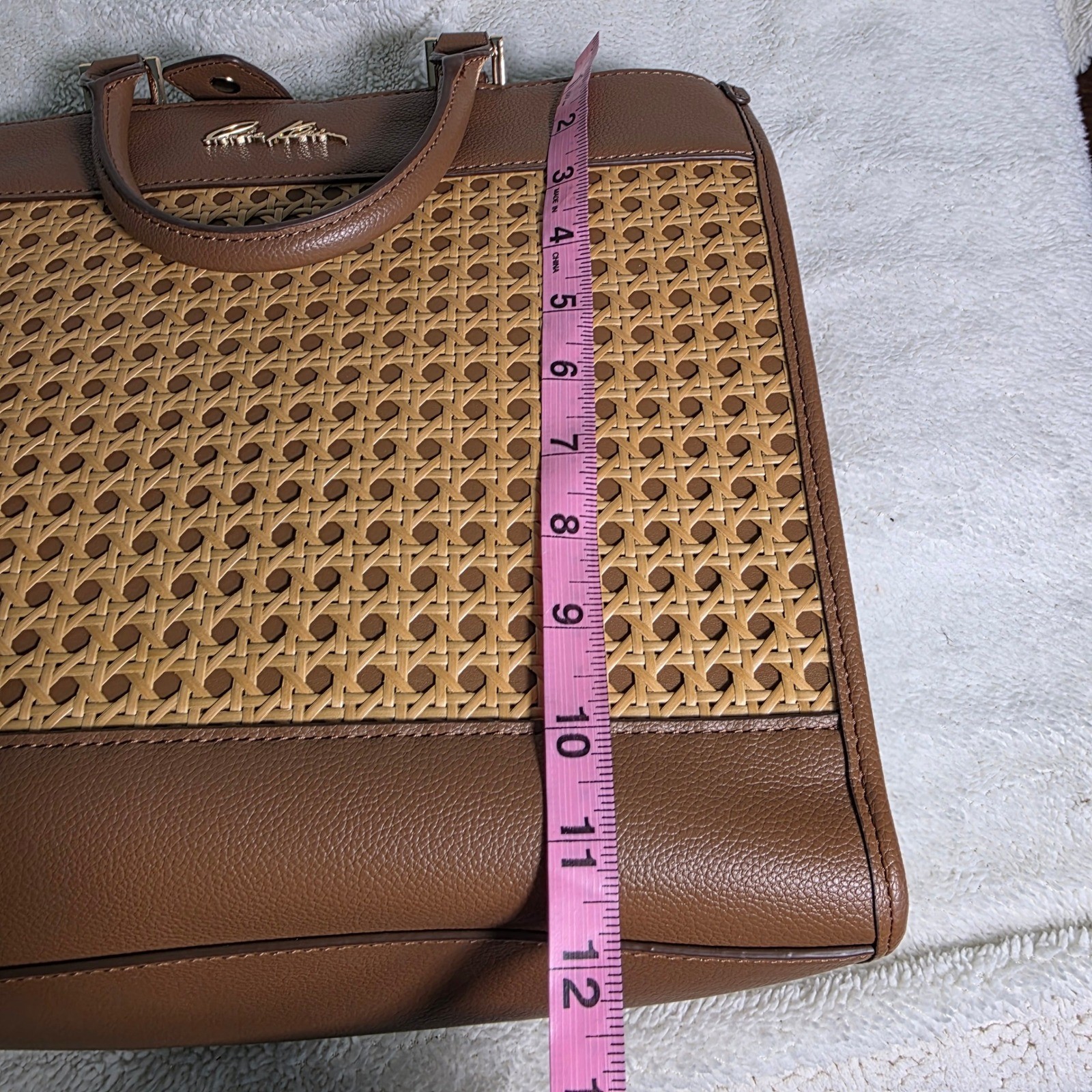 Anne Klein Tote Bag Brown Woven Straw Cane Faux Leather Travel Luxury NWOT