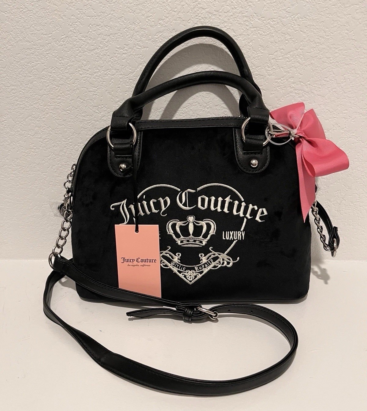 Juicy Couture Black Logo Satchel Top Handle Zip Bow Crown Charm Crossbody