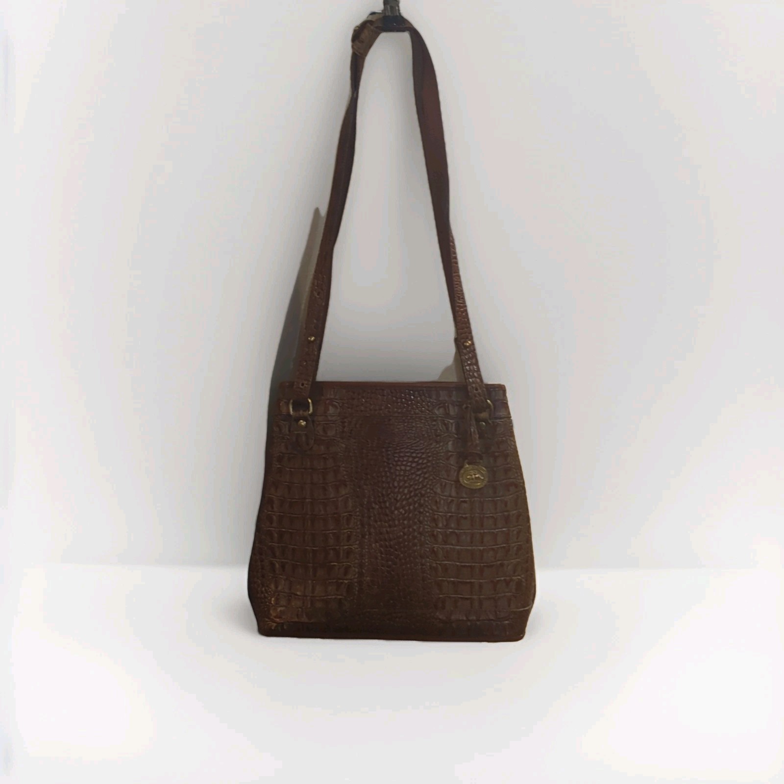 Brahmin Brown Crocodile Embossed Shoulder Bag with Gold Logo Hardware