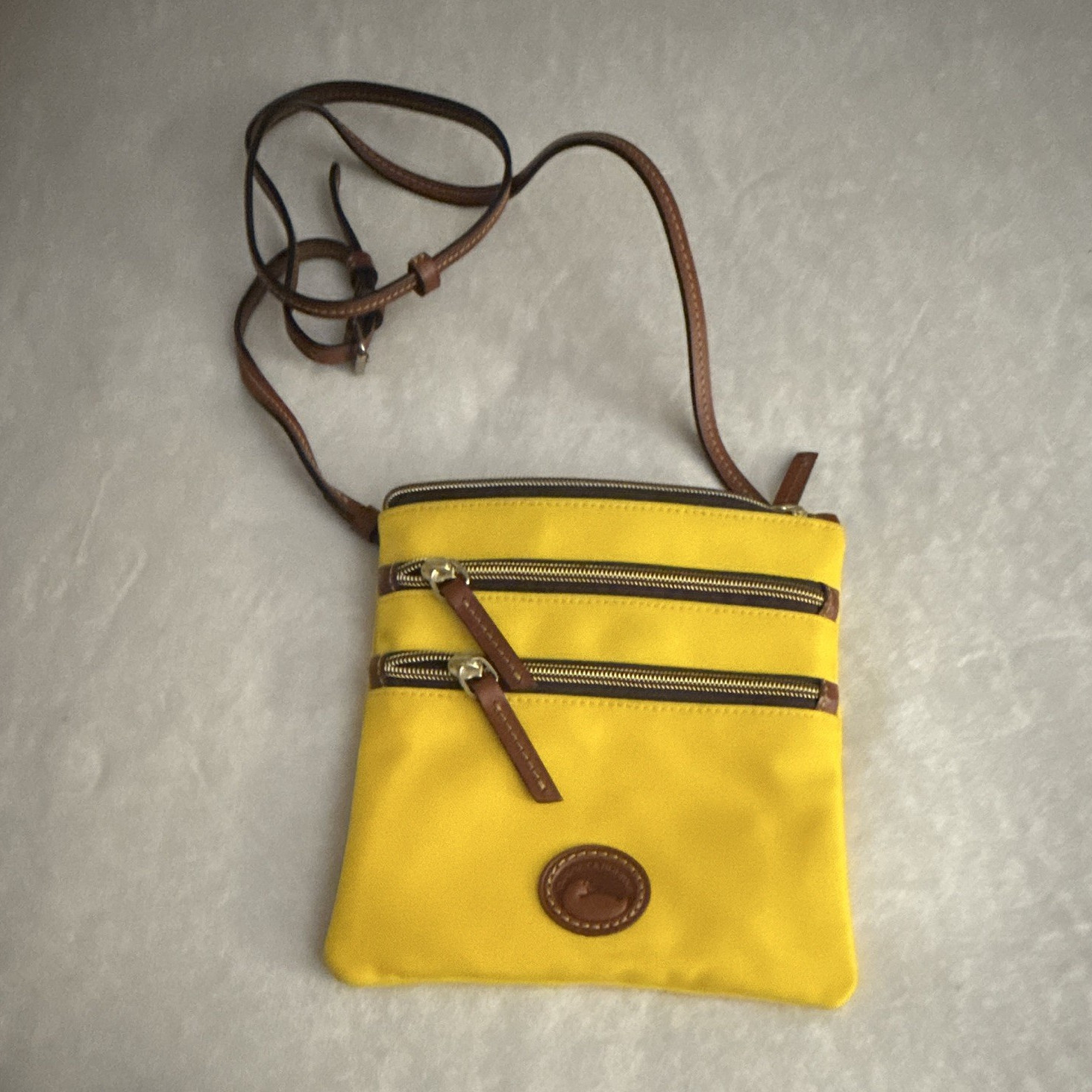 Women’s Yellow Crossbody Bag, Adjustable Brown Leather Strap, Double Zip