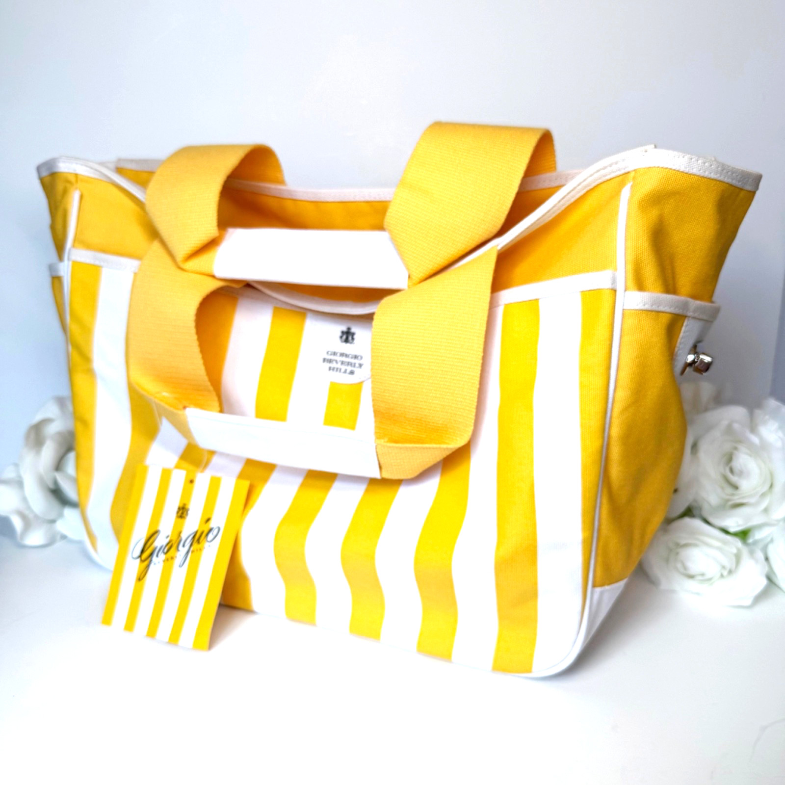 Vintage Giorgio Beverly Hills Yellow and White Stripes Tote Bag for Beach Picnic