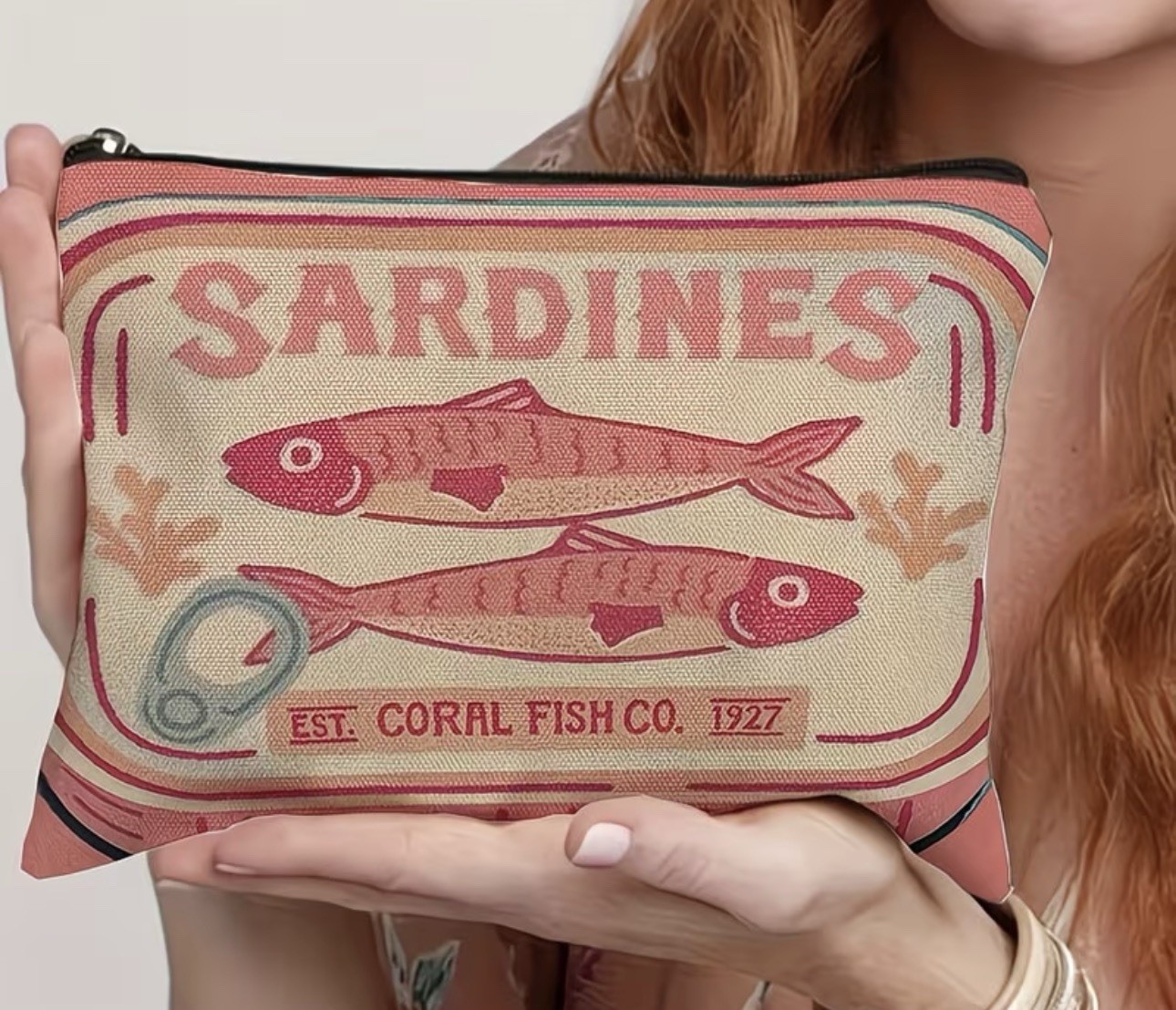 Vintage Sardine Tin Design Mini Pouch Makeup Bag 8.75”x 7”