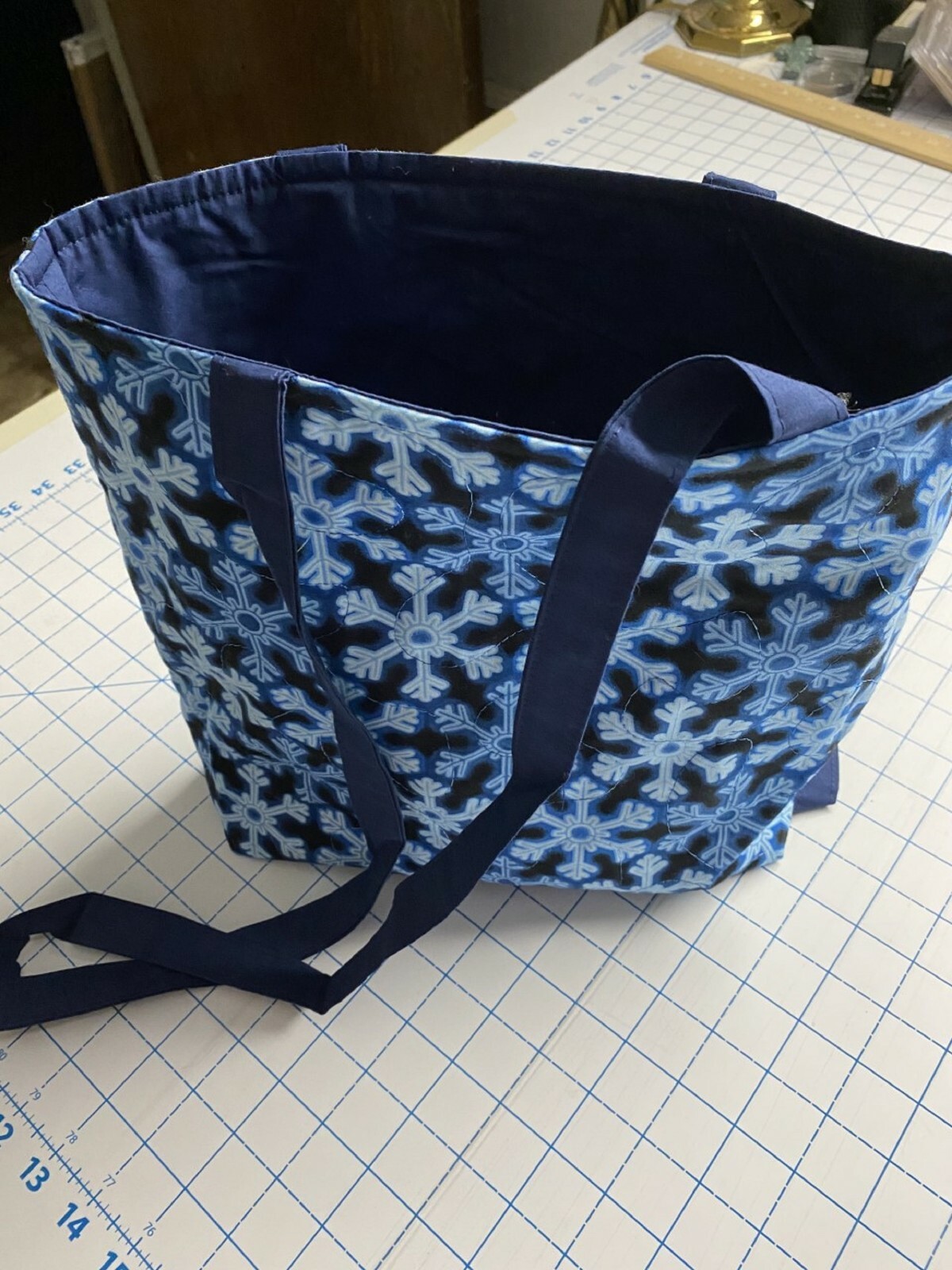 Tote Bag-Blue Snowflakes on Navy Background-Machine Quilted