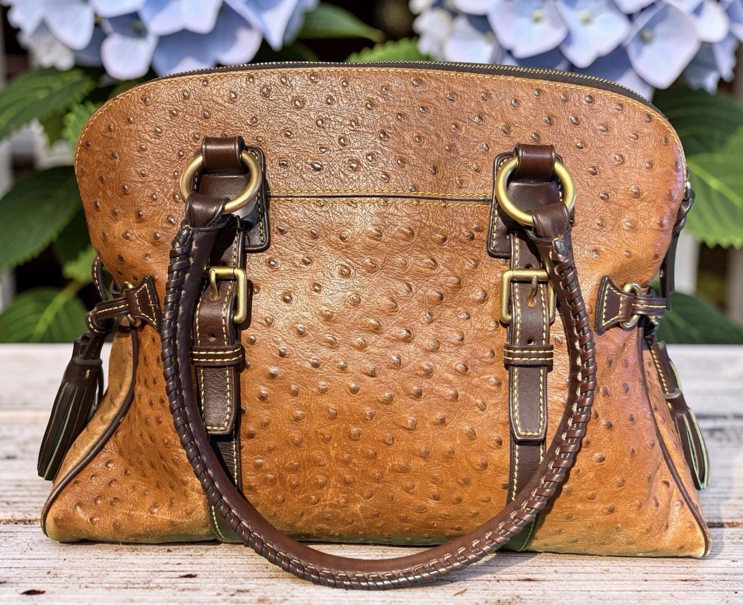 Dooney Bourke Chestnut Cognac Brown Ostrich Embossed Leather Large Satchel Bag