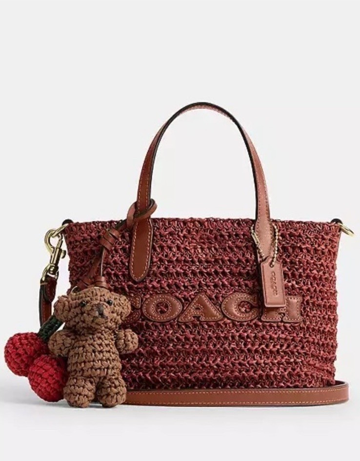 Coach Red Russet City Mini Straw Tote with Cherry and Bear Bag Charms – New