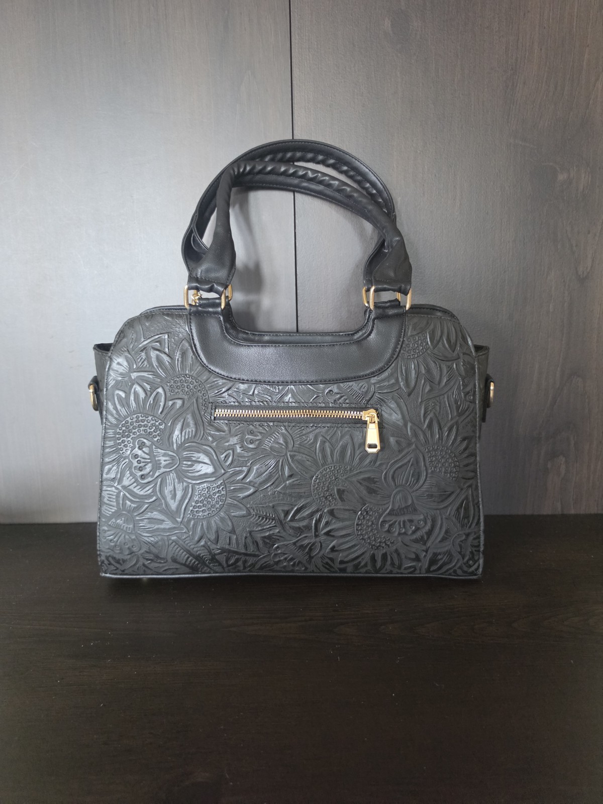 Sunflowers Black Stitched Embossed Tooled Artisan LEATHER Purse Crossbody Bag