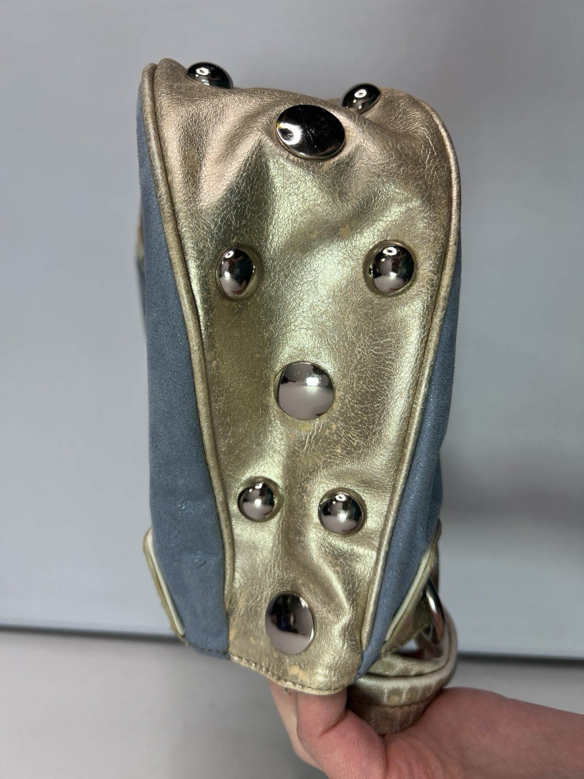 Kathy Van Zeeland Gold Blue Shimmer Distressed Purse Silver Studs Y2K