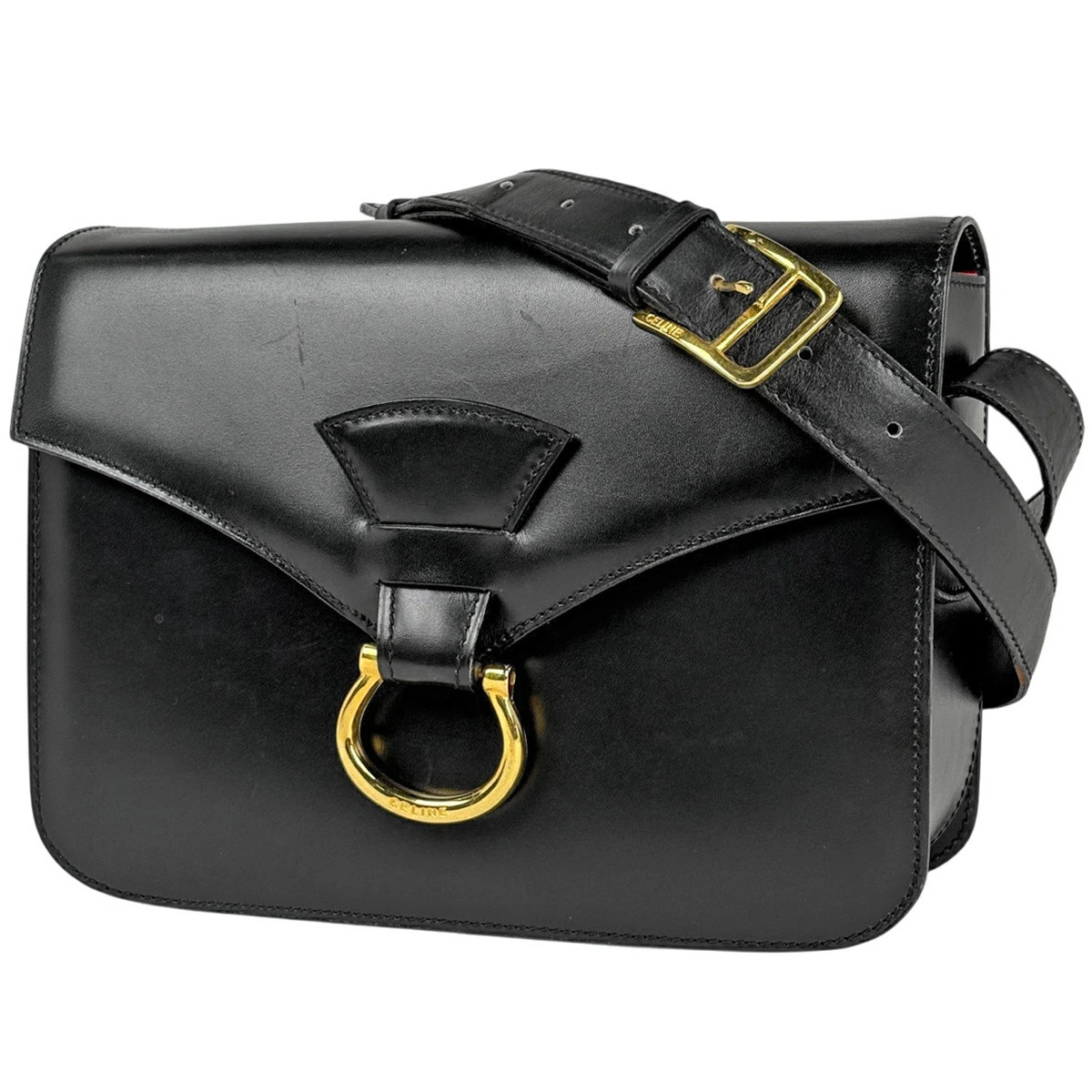 Celine Logo Shoulder Bag Leather Black Ladies 8.7in x 6.7in x 2.2in