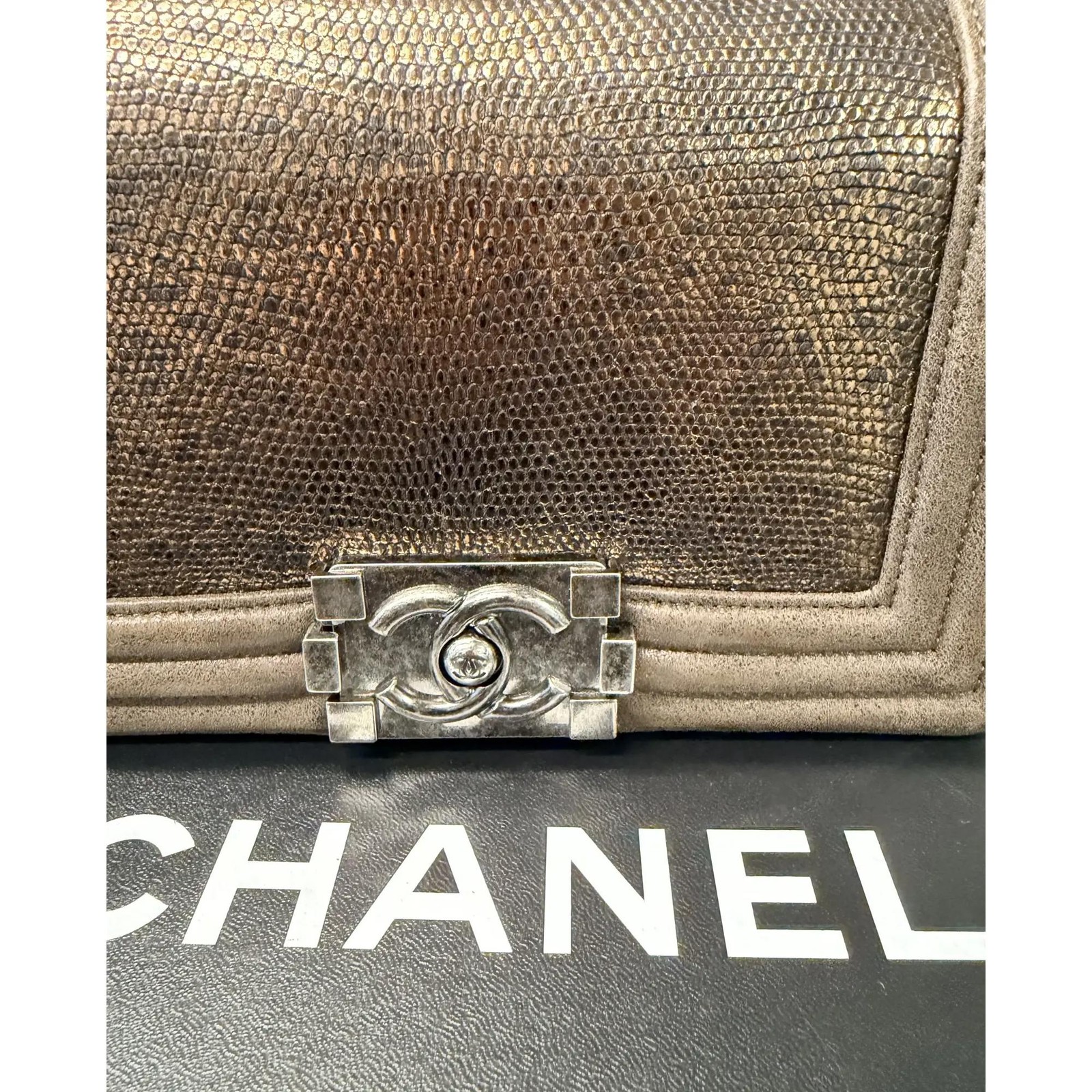 Chanel Lizard Metallic Quilted Brown Leather Small Boy Flap Crossbody Bag