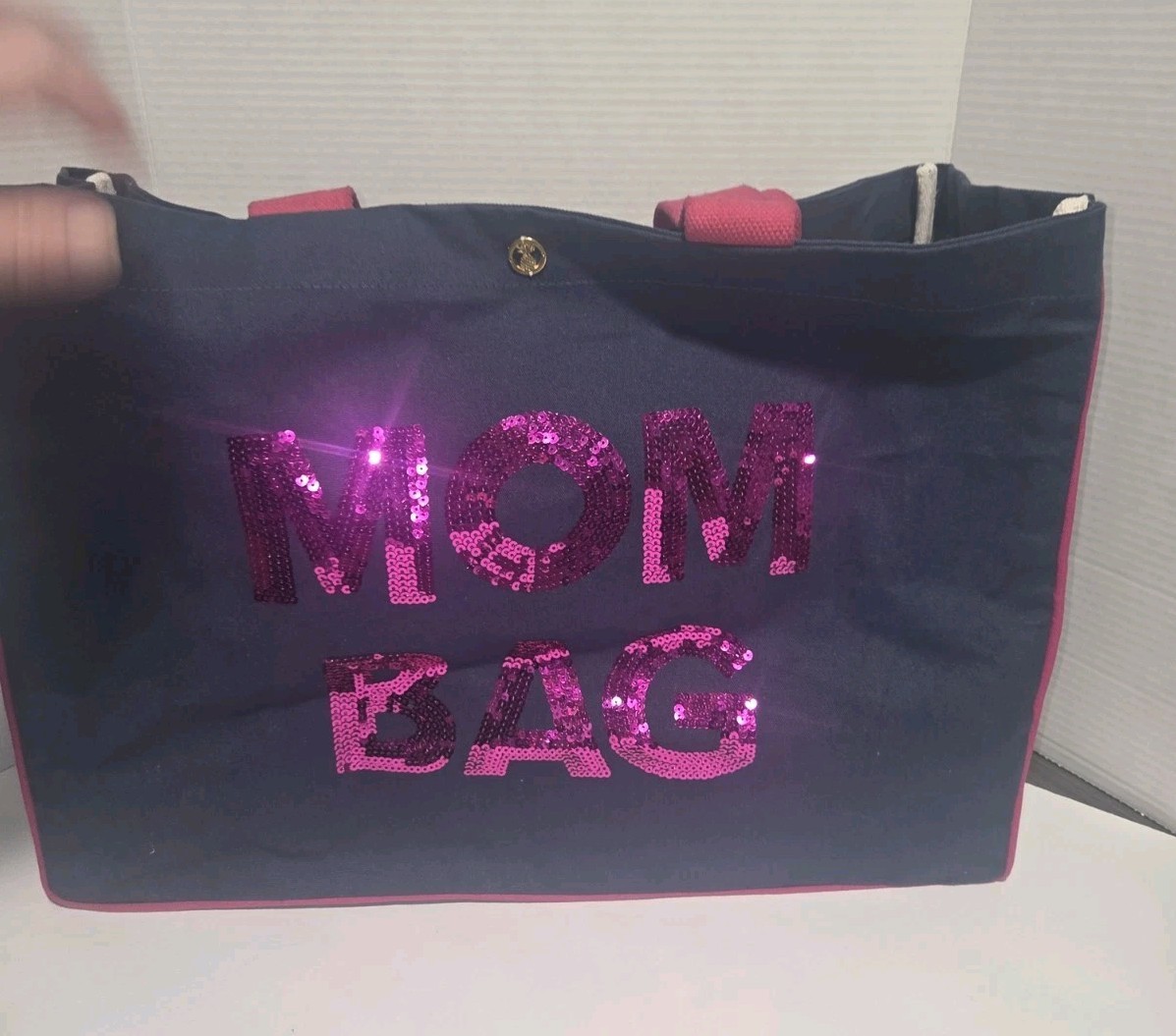 Simply Southern MOM BAG Navy Pink Sequin Tote Button Closure Inner Pockets