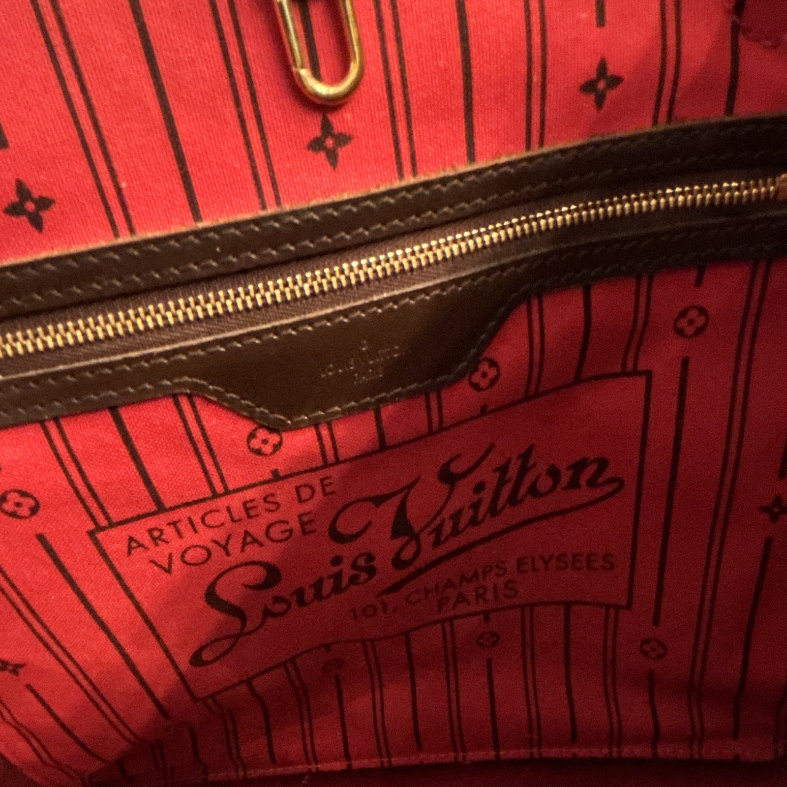 Louis Vuitton Neverfull Tote GM Damier Ebene Brown Red Lining Pouch