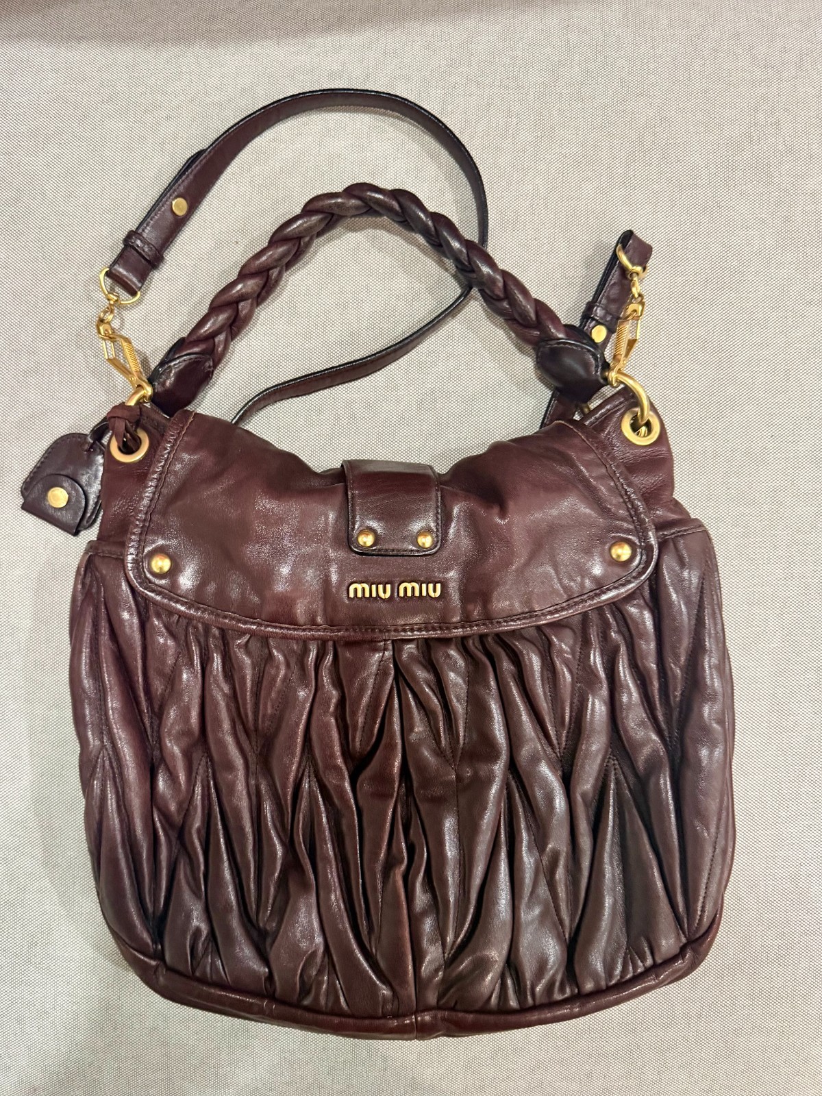 Miu Miu Brown Matelasse Shoulder Bag Top Handle Gold Hardware Push Lock Medium