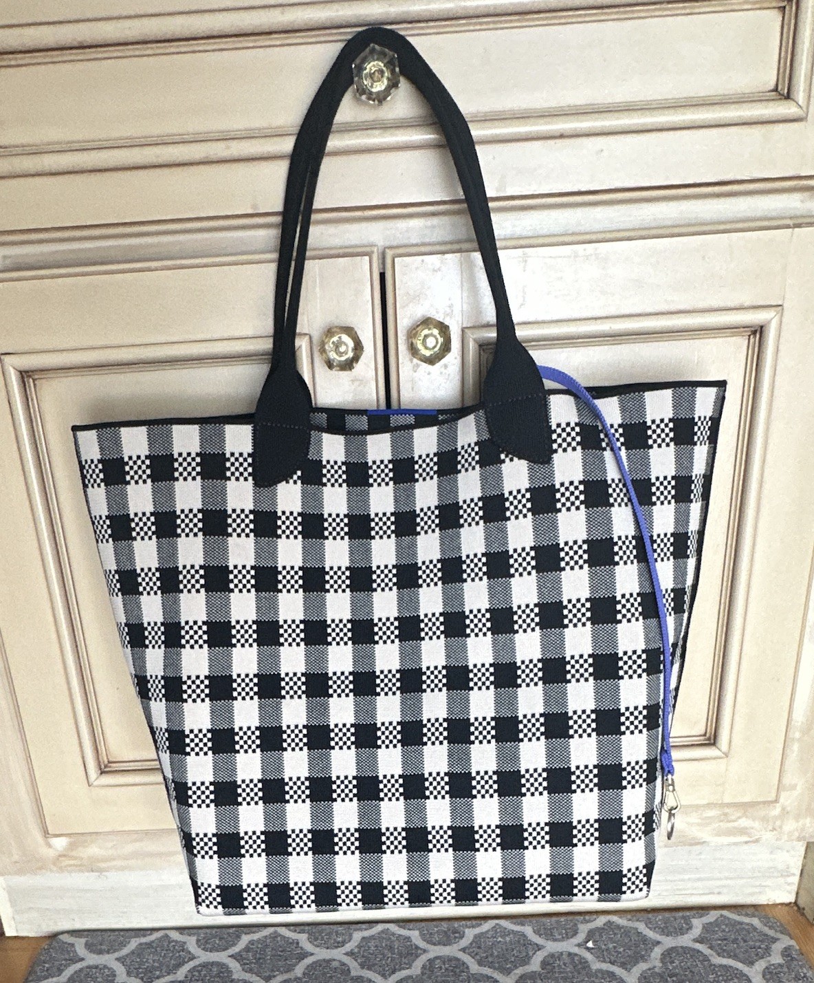 Rothy’s Black & White Checkered Zip Tote, Large Lined, Detachable Strap