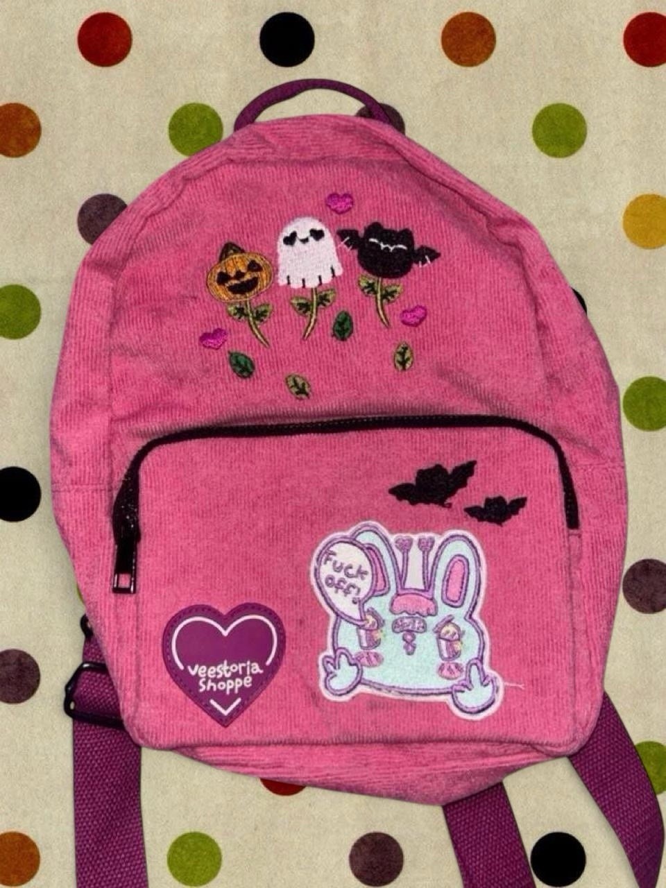Pink Corduroy Small Backpack Halloween Ghost Pumpkin Bat Patches