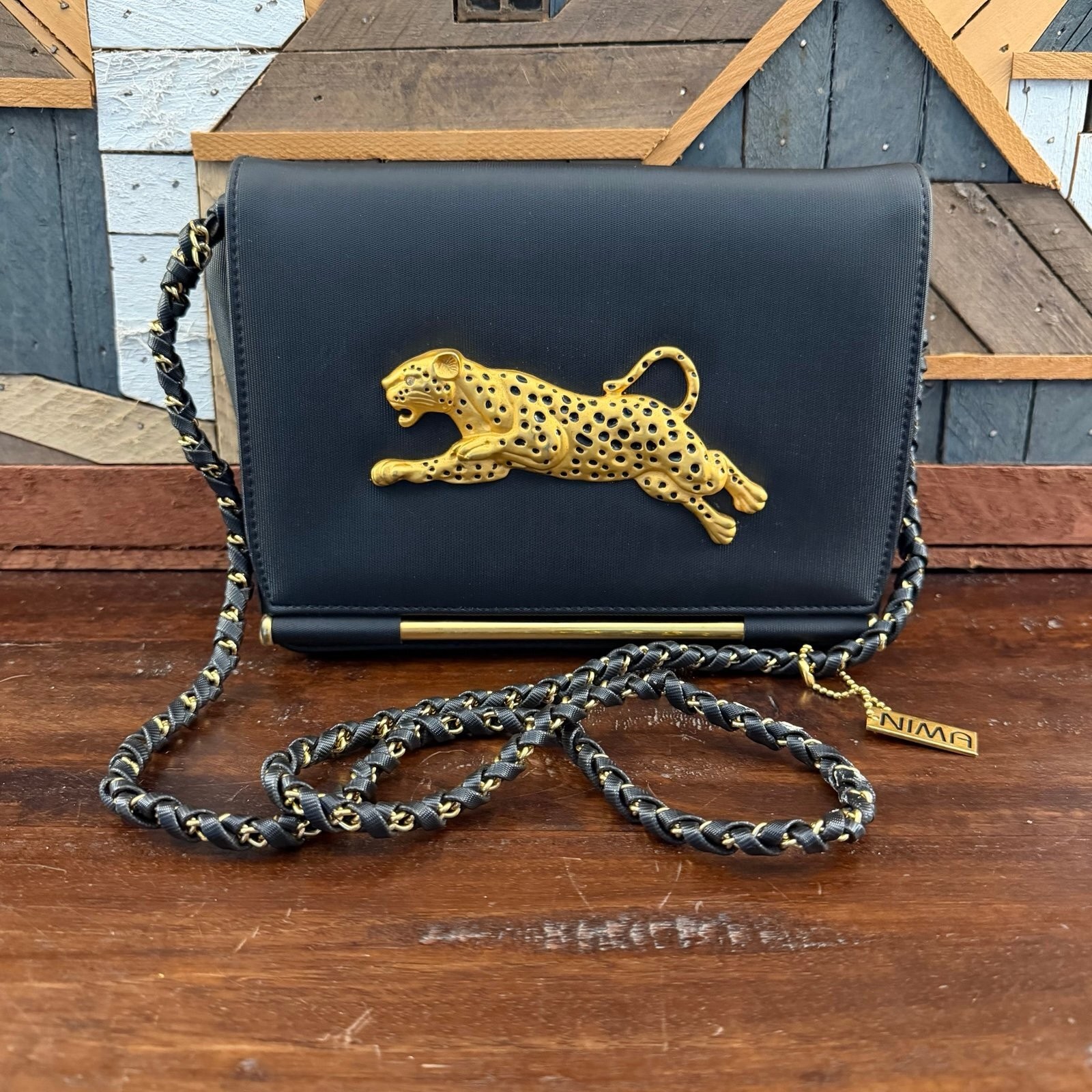 Vintage 80s NIMA Black Crossbody Bag Gold 3D Leaping Leopard Cheetah