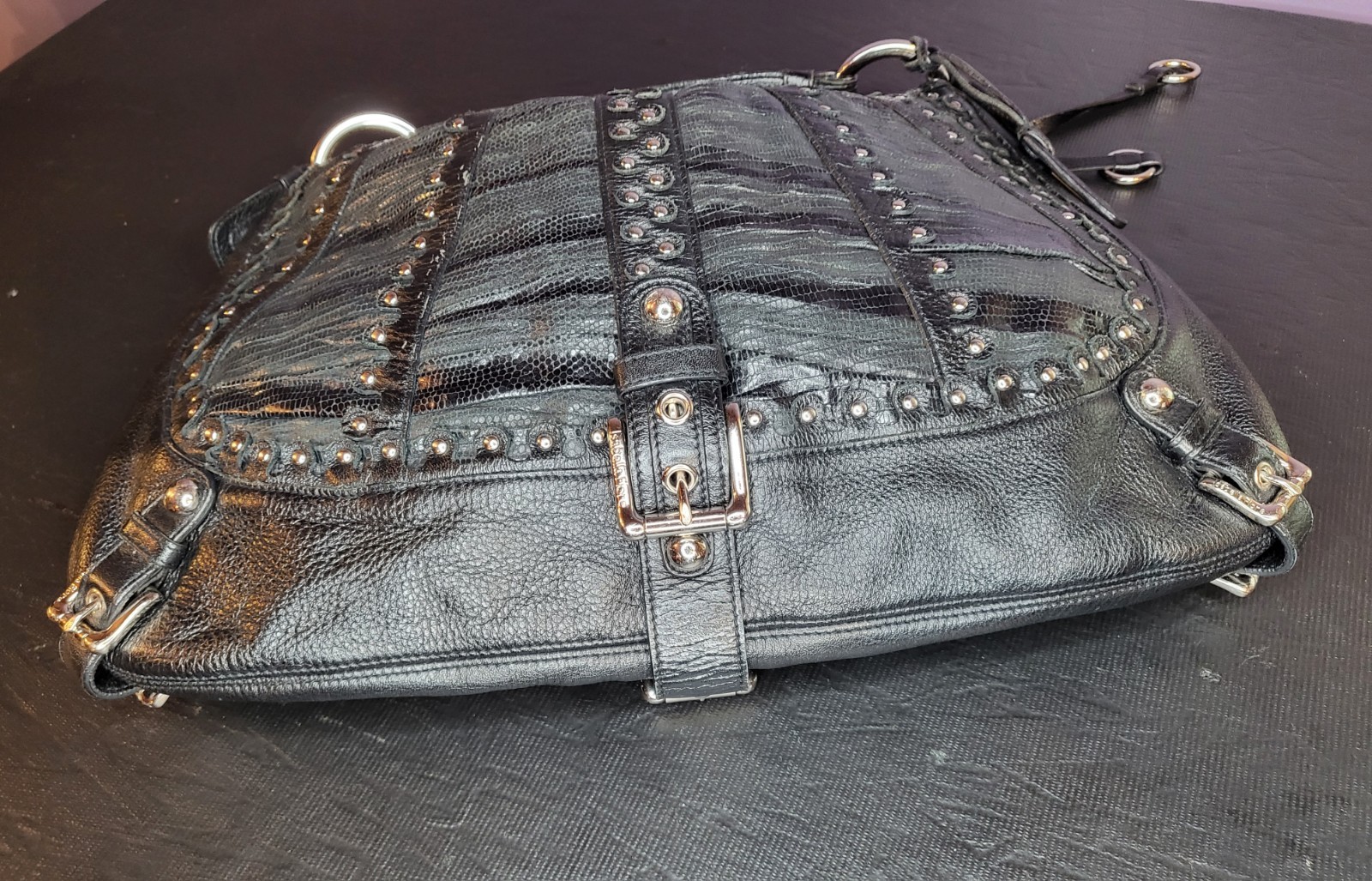 🔥RARE HTF Classic Black Leather Purse Bag Handbag Studs Boho Rock Woman Fashion