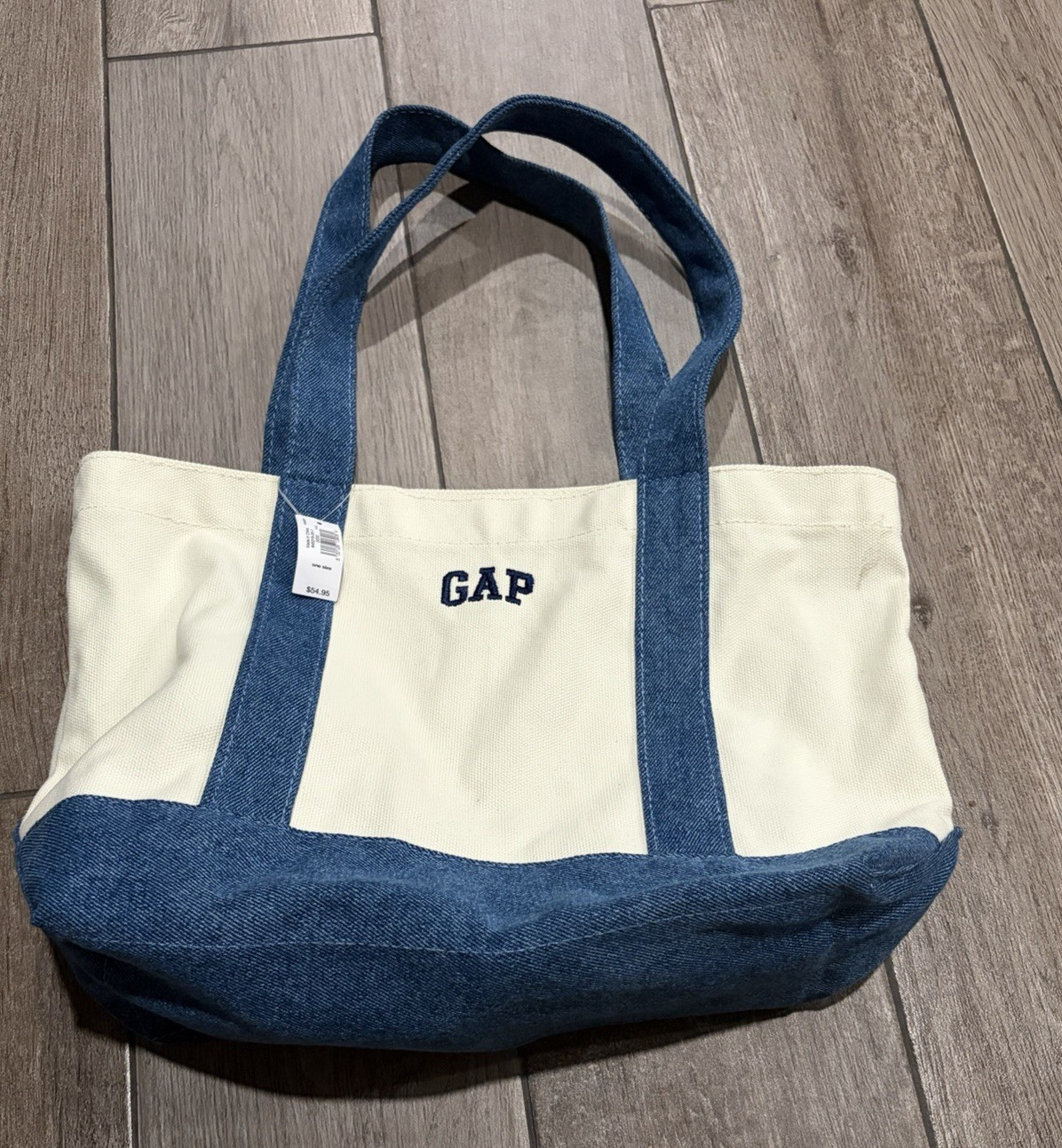 GAP Blue Beige Tote Bag Zip Closure Embroidered Logo Inner Pockets Lined