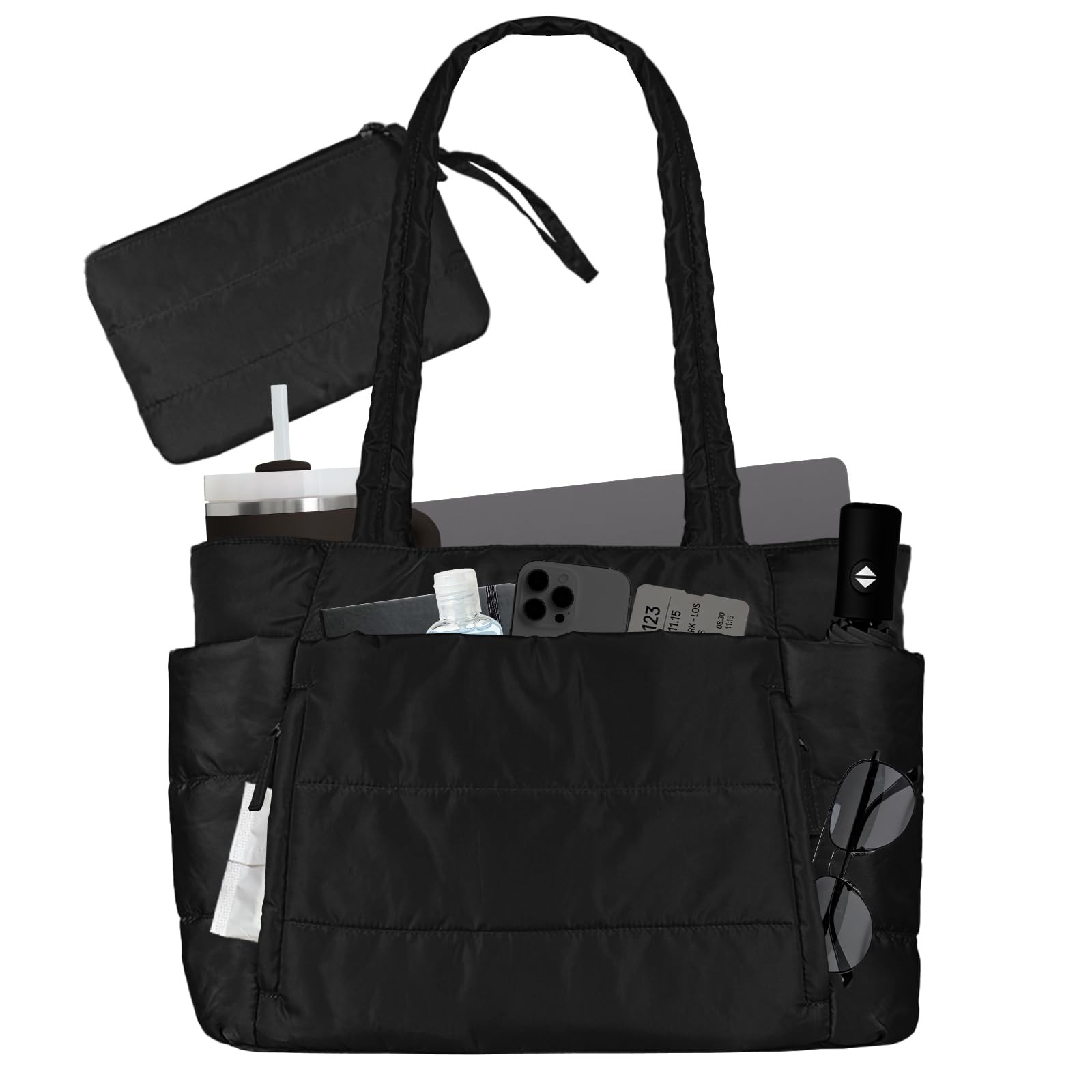 Black Puffer Tote Bag for Women, 12+ Adult Only – Lightweight Quilted Shoulde…