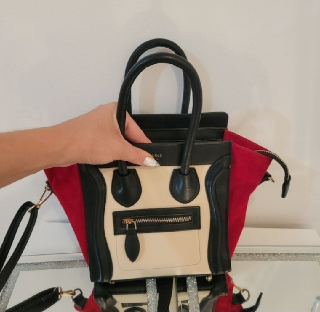 Fancy Tote Beige Red Black Luggage Colorblock Handle Adj Strap Small Sz
