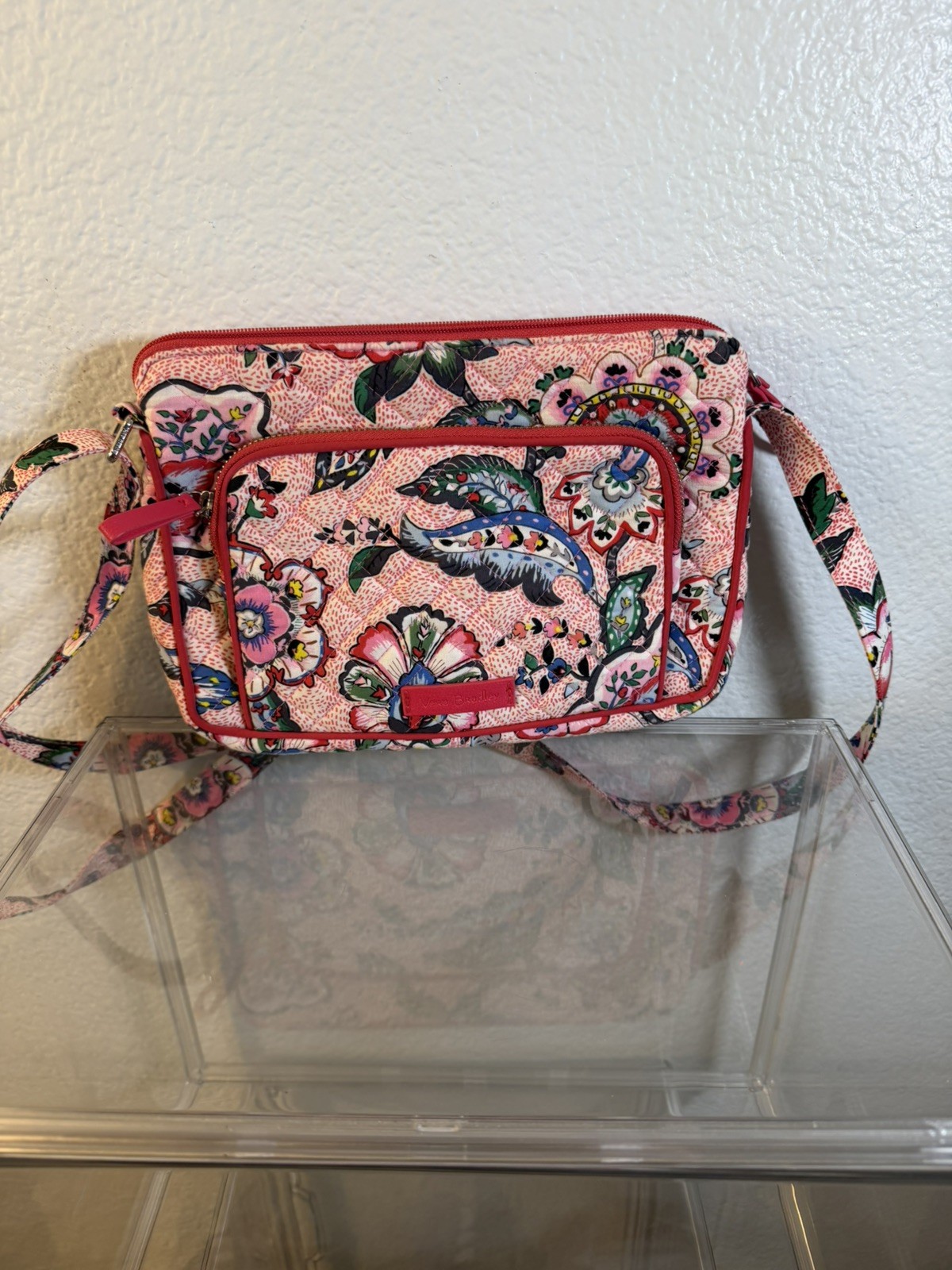 Vera Bradley Iconic Little Hipster Stiched Flowers Crossbody Pink Shoulder Bag