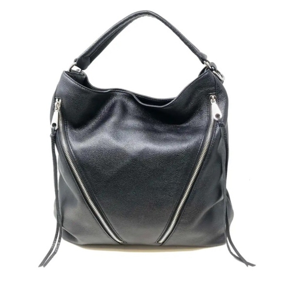 Rebecca Minkoff Moto Hobo Bag Black Pebbled Leather Silver Zip Crossbody O/S