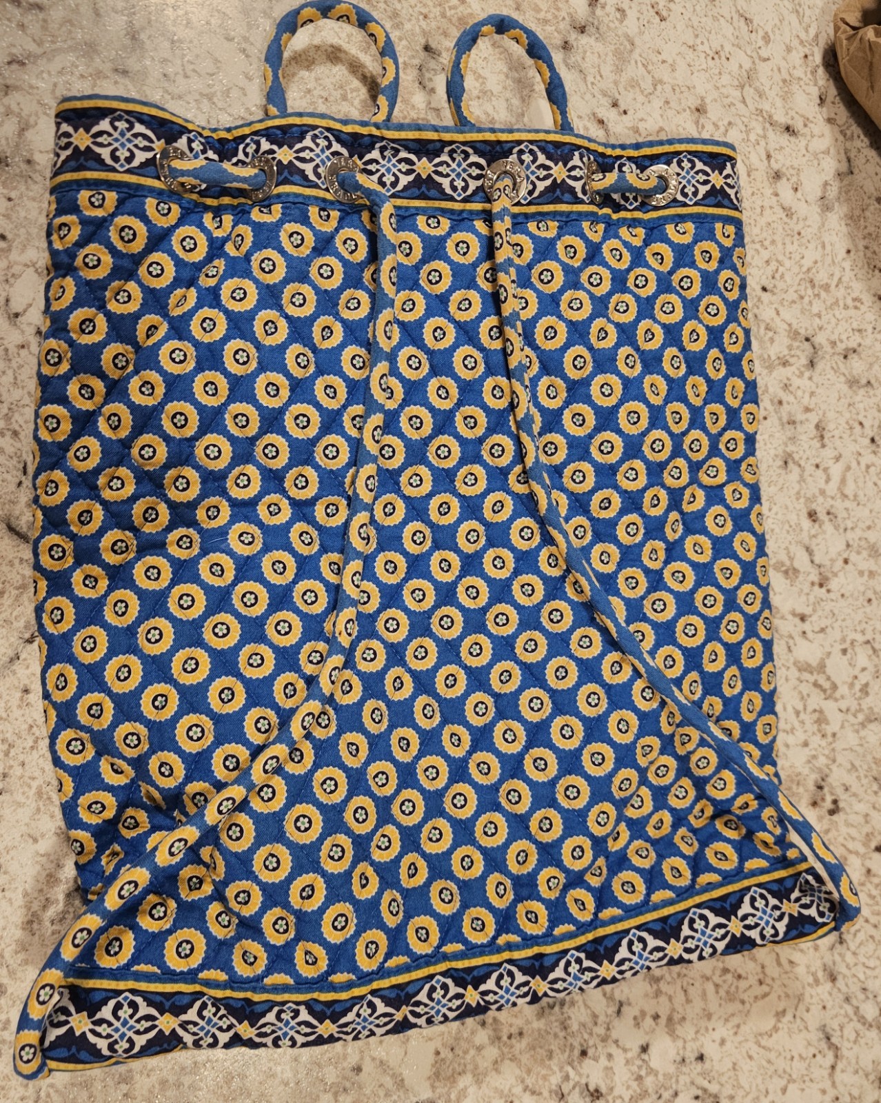 Vera Bradley Geometric Tote, Blue Yellow Drawstring Zip Pocket, Double Handles