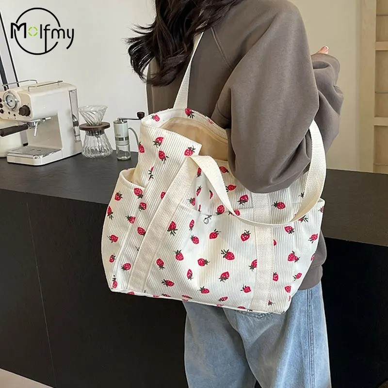 Women’s Corduroy Shoulder Tote Bag – Sweet Strawberry Style, Casual & Cute