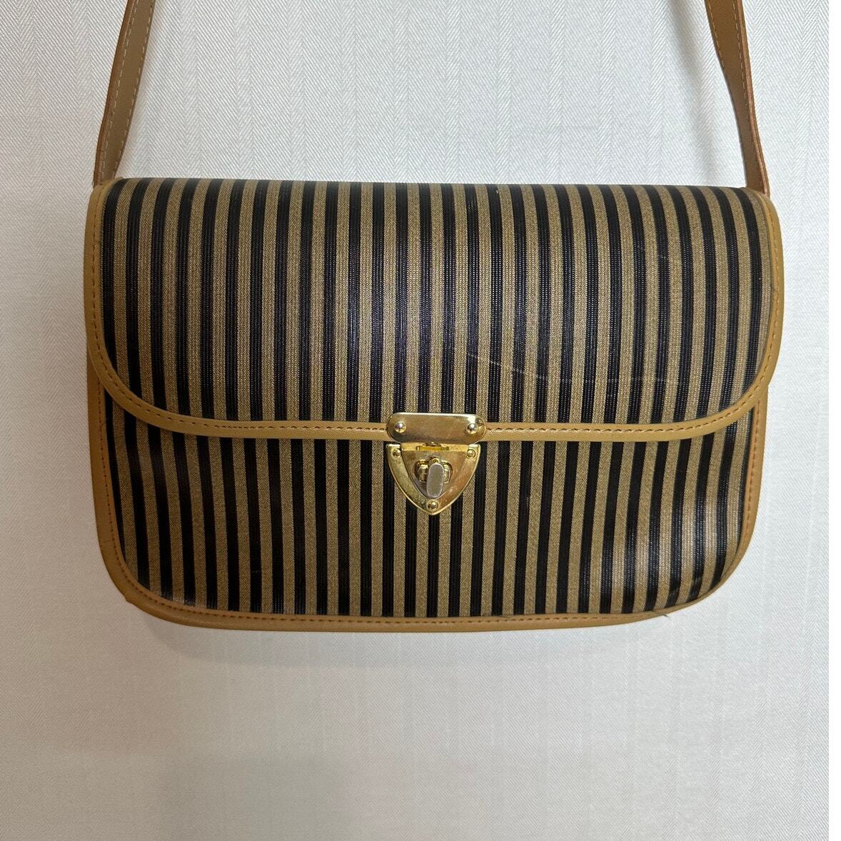 Vintage Brown Leather Crossbody Bucket Sling Stripe Shoulder Bag