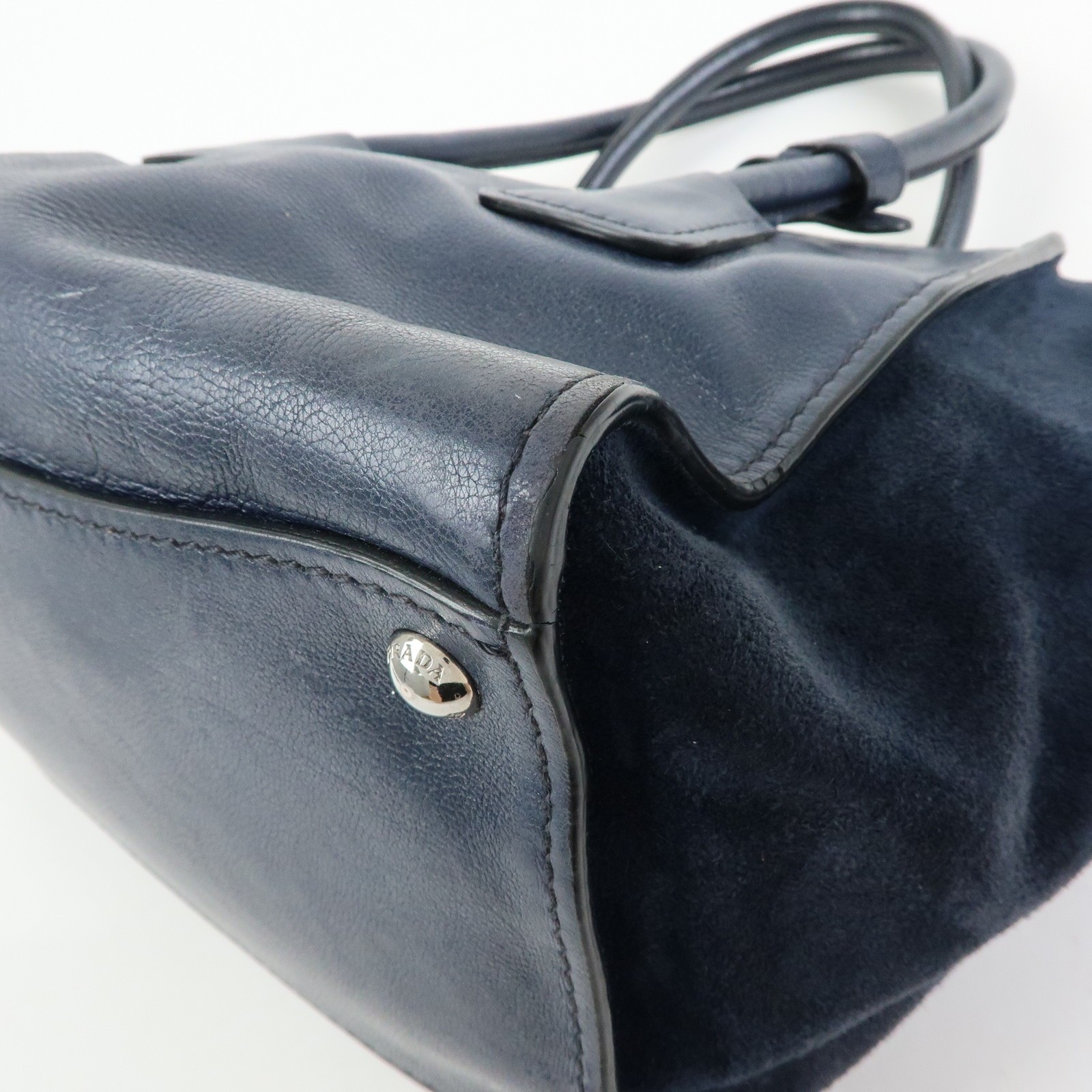 PRADA Triangle Logo Leather 2Way Bag Tote Bag Hand Bag Navy B2625M Auth Used F/S