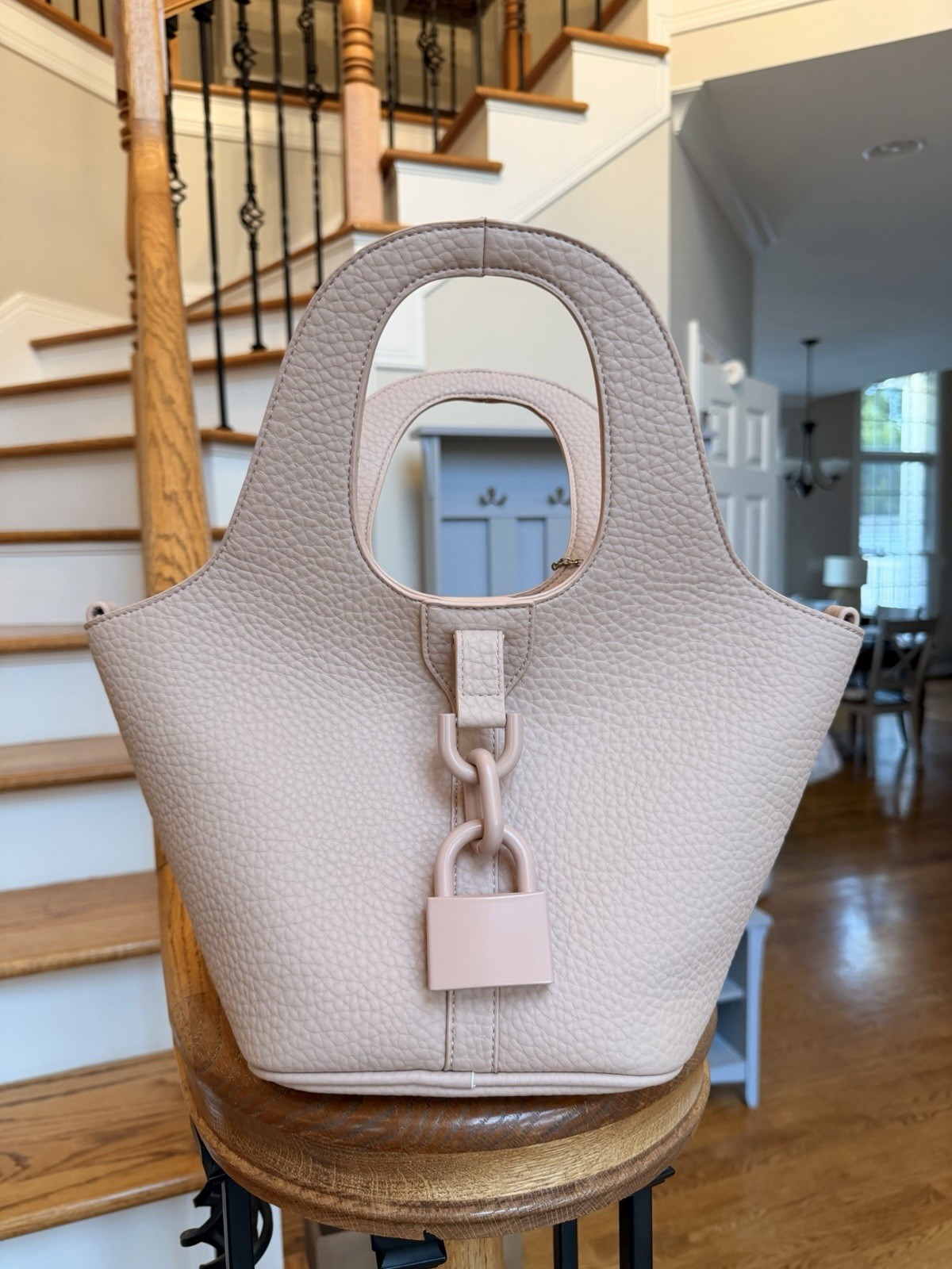 Alex Max Blush Pebbled Top Handle Crossbody Tote large front lock detail NEW