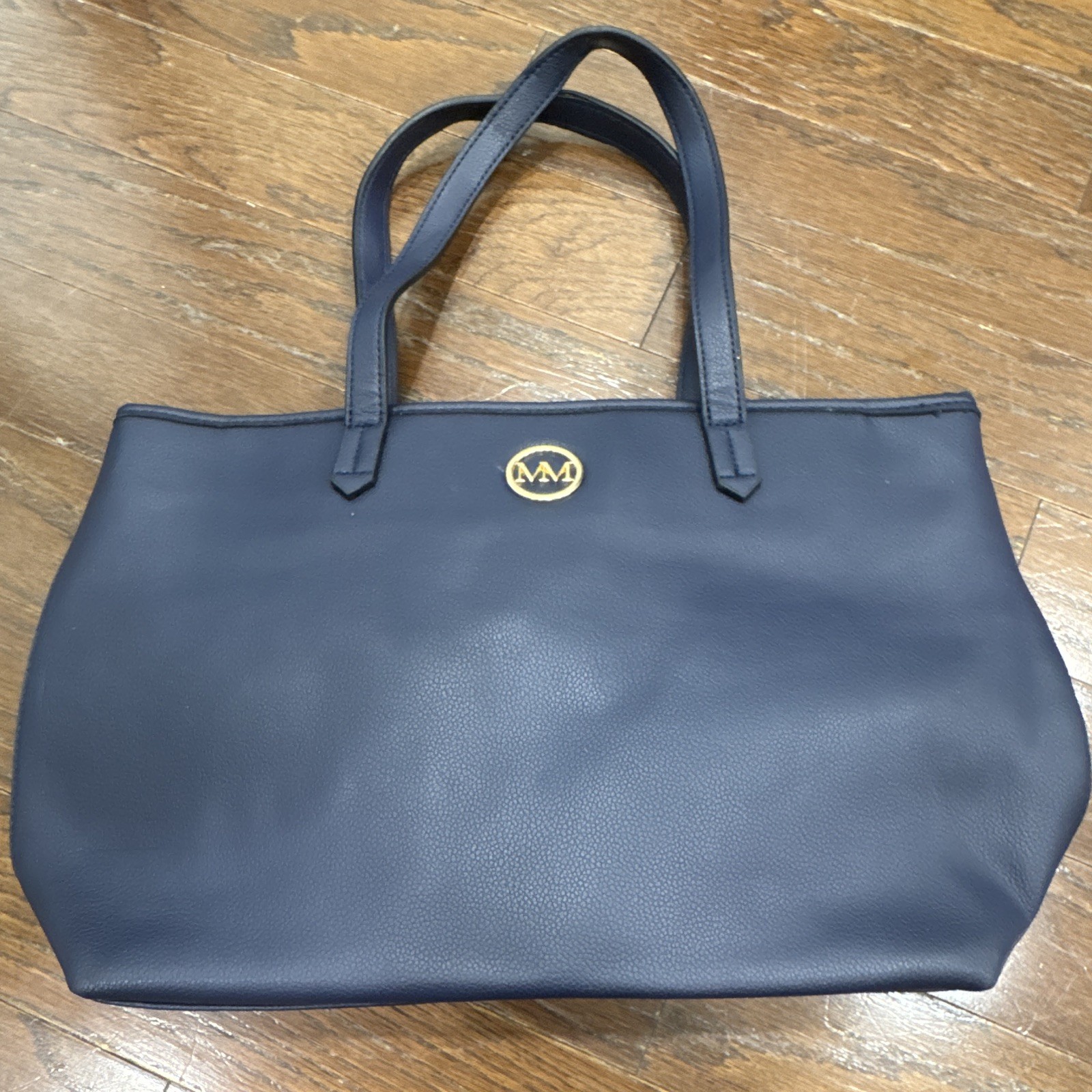 Navy Pebbled Zip Top Tote Bag w/ Gold Tone Logo, Medium, Inner Pockets