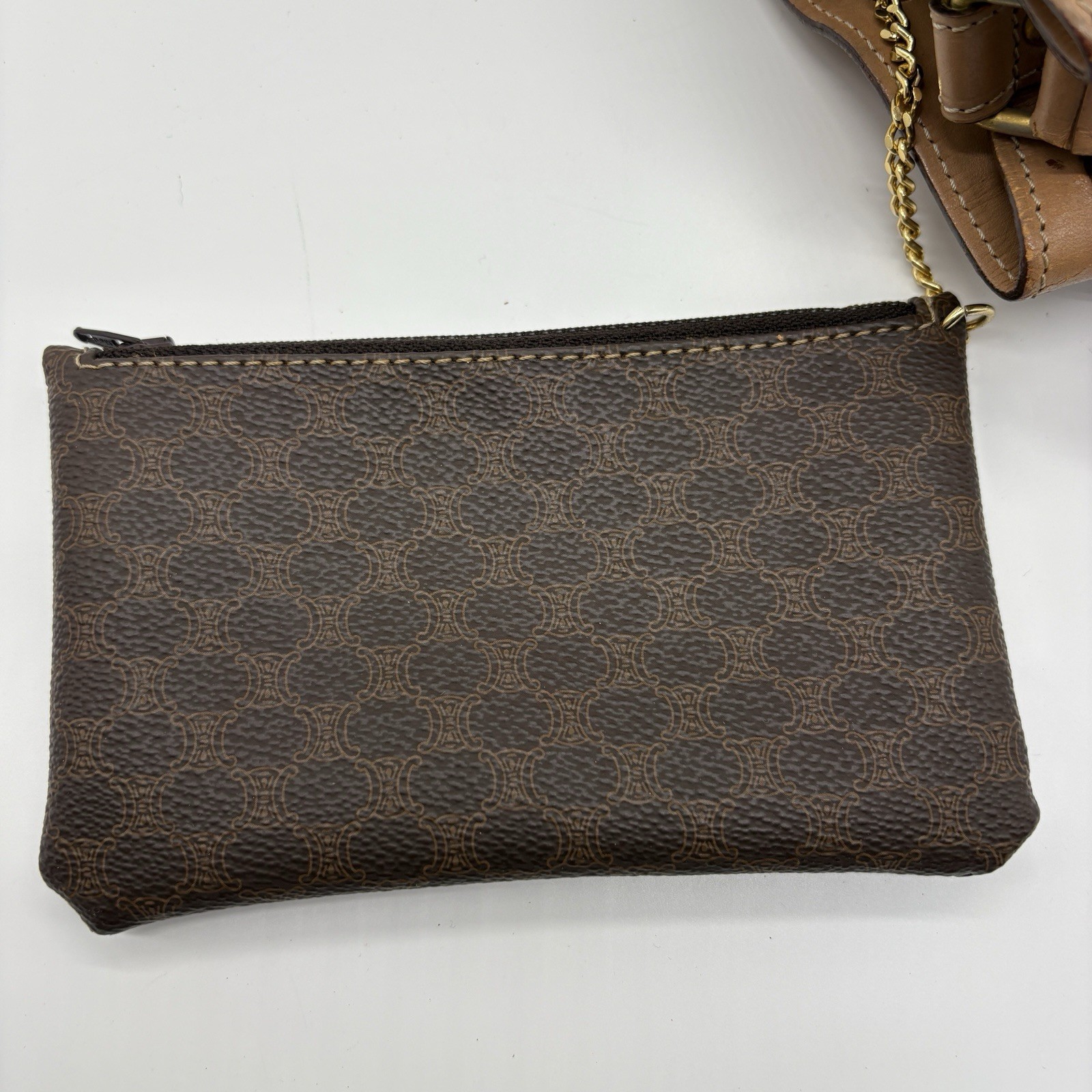 CELINE Macadam Drawstring Bag Pouch PVC Leather Brown Vintage Purse Authentic