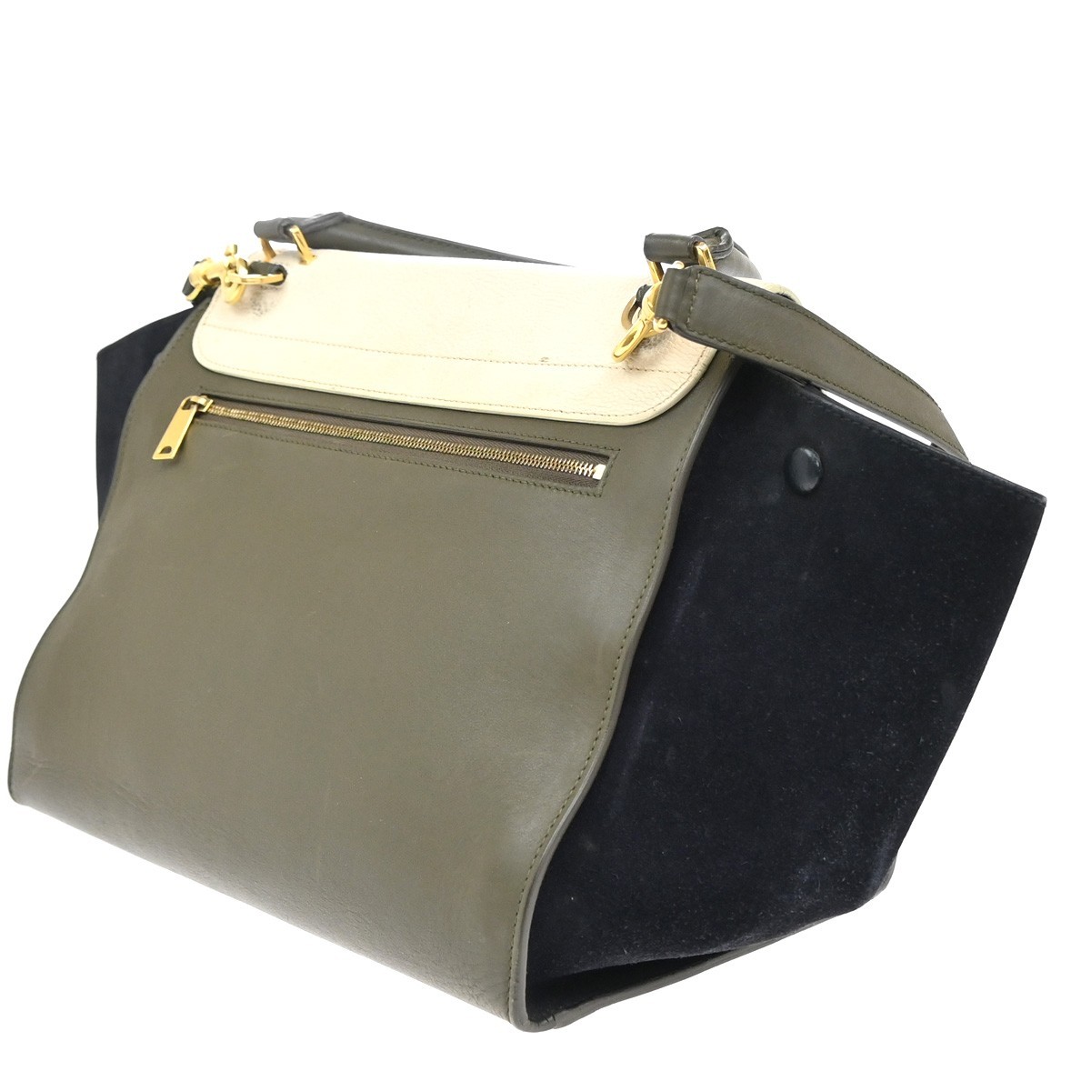 CELINE Trapeze Tricolor 2way Shoulder Bag Leather Suede Khaki White Blue 87EG174