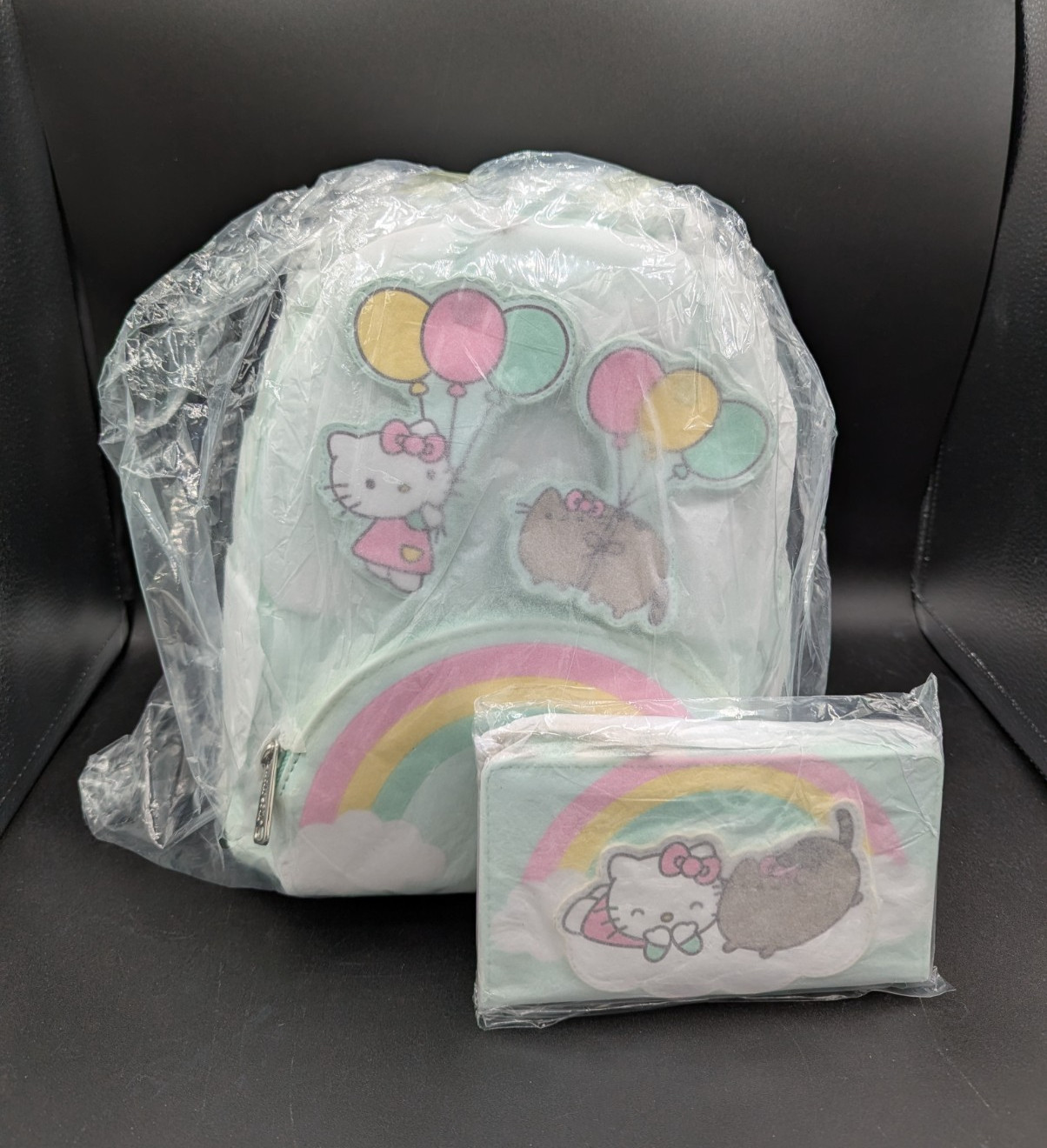 Loungefly Hello Kitty Pusheen Green Pink Balloons Rainbow Backpack and Wallet