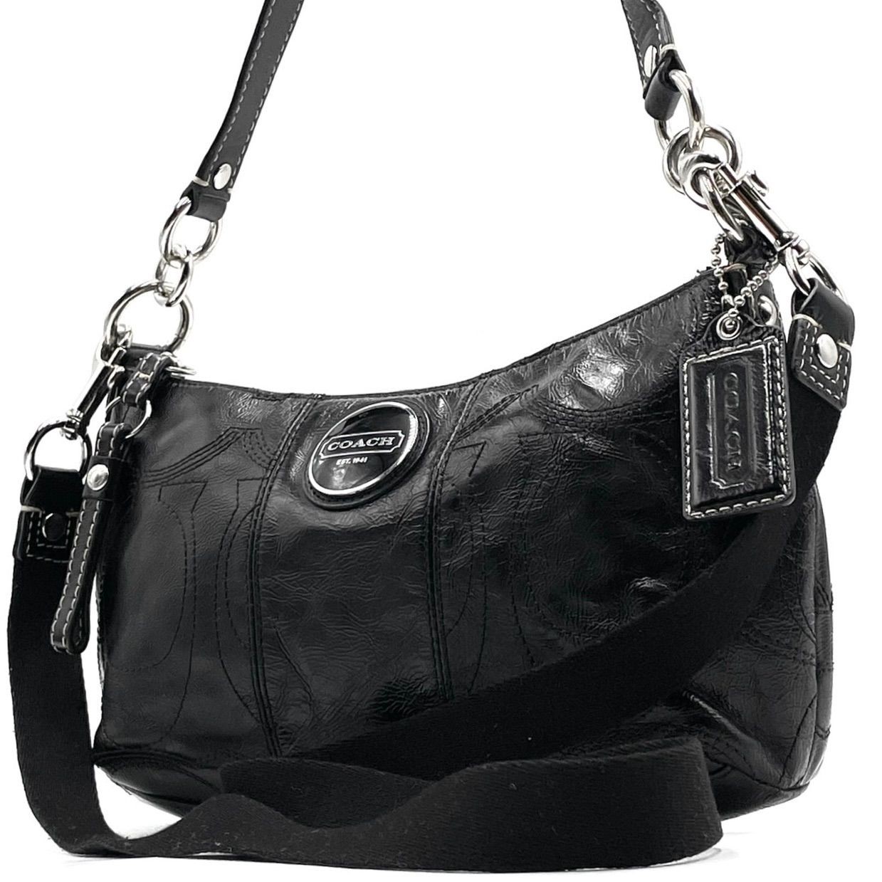 COACH Poppy F15141 Signature 2way Leather Shoulder Bag Black Logo Charm Auth