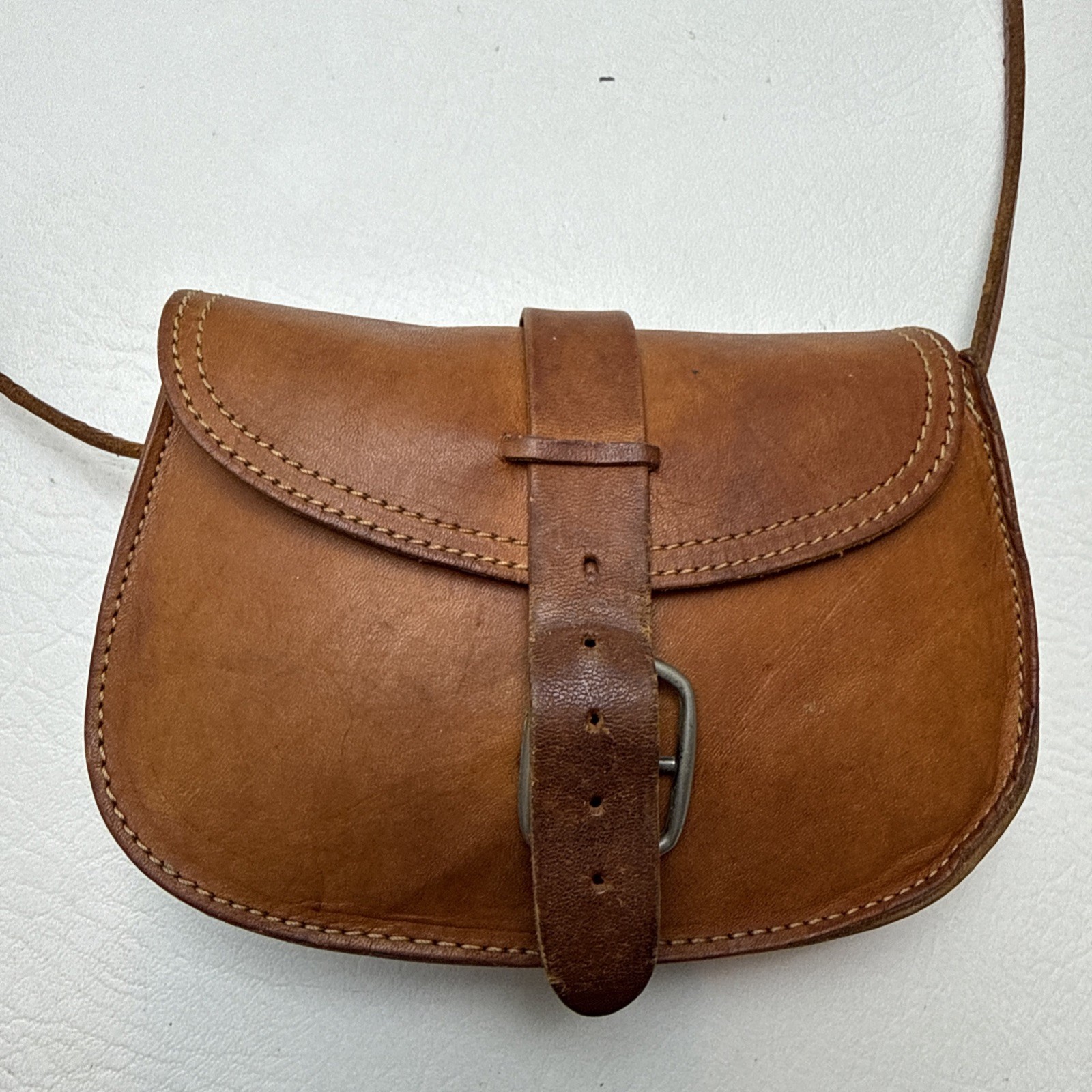 Small Vintage Tan Leather Crossbody Equestrian Style Buckle Made In Brazil